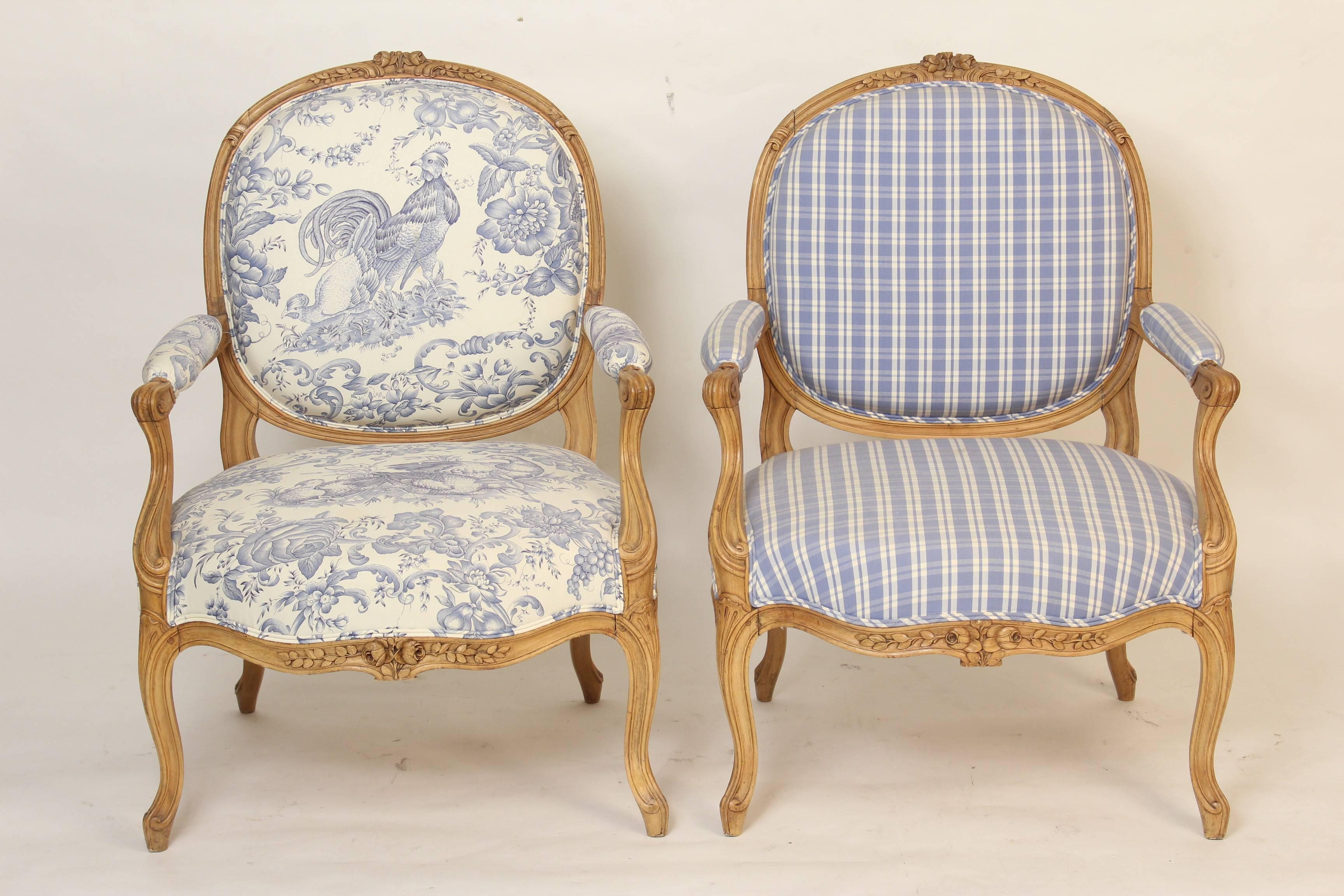 Pair of Louis XV style bleached beechwood armchairs, circa 1930s. Please note the frames match the upholstery doesn't. These chairs have good scale and are comfortable to sit in.