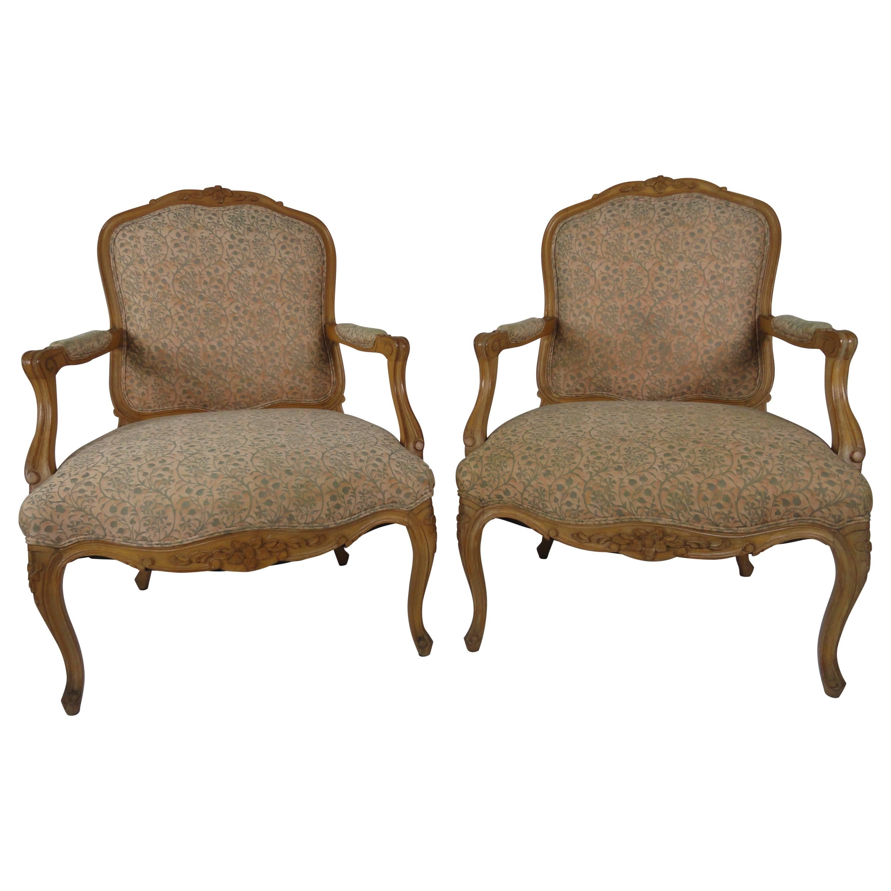 Pair of Louis XV Style Beechwood Carved Fauteuils For Sale