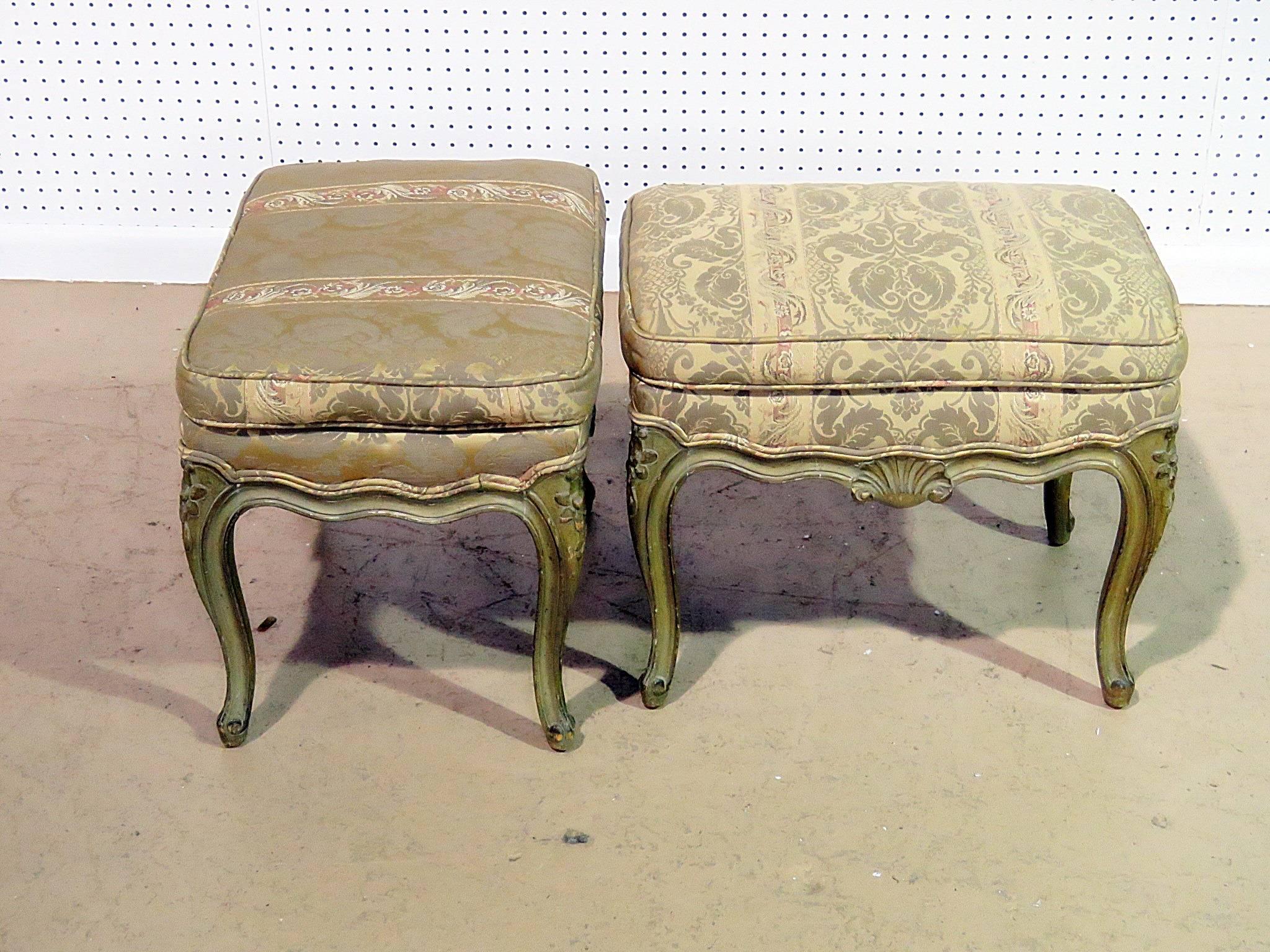 Pair of Louis XV style distressed painted benches.