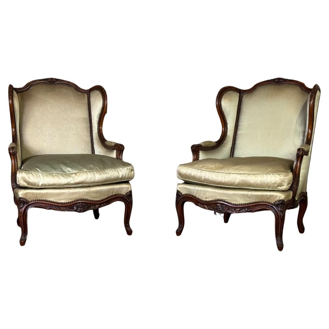 Pair Of Louis XV Style Bergeres In Finely Carved Walnut Around 1920