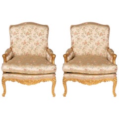 Antique Pair of Louis XV Style Bergères in Giltwood, circa 1900