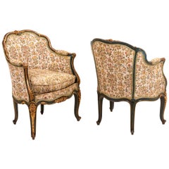 Pair of Louis XV Style Bergeres in Green Lacquer and Giltwood, circa 1880