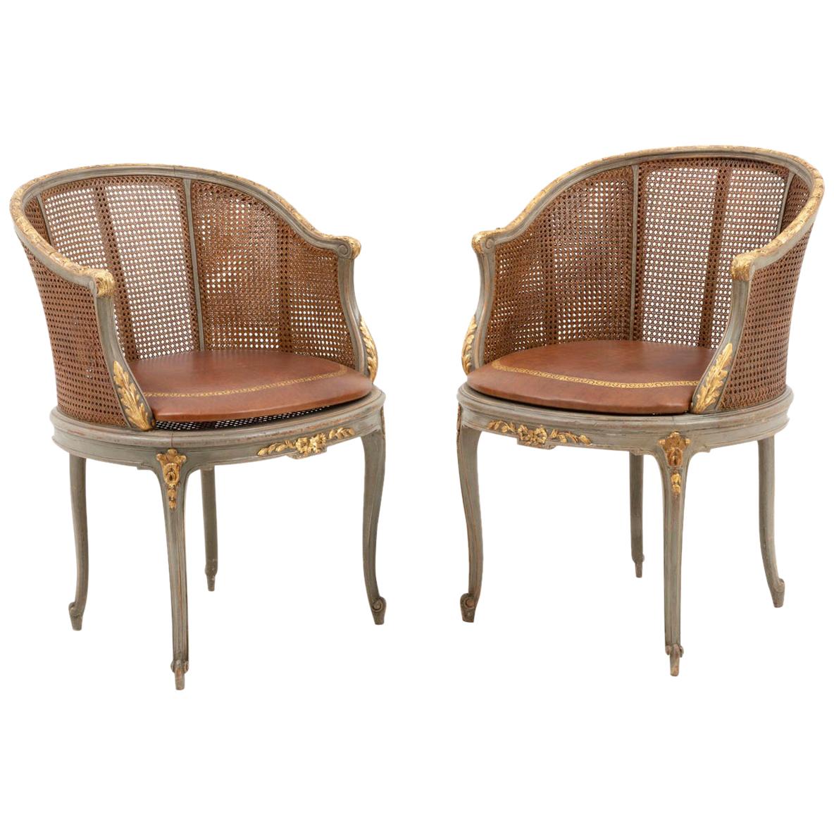 Pair of Louis XV Style Bergeres in Green Lacquered and Giltwood, circa 1900