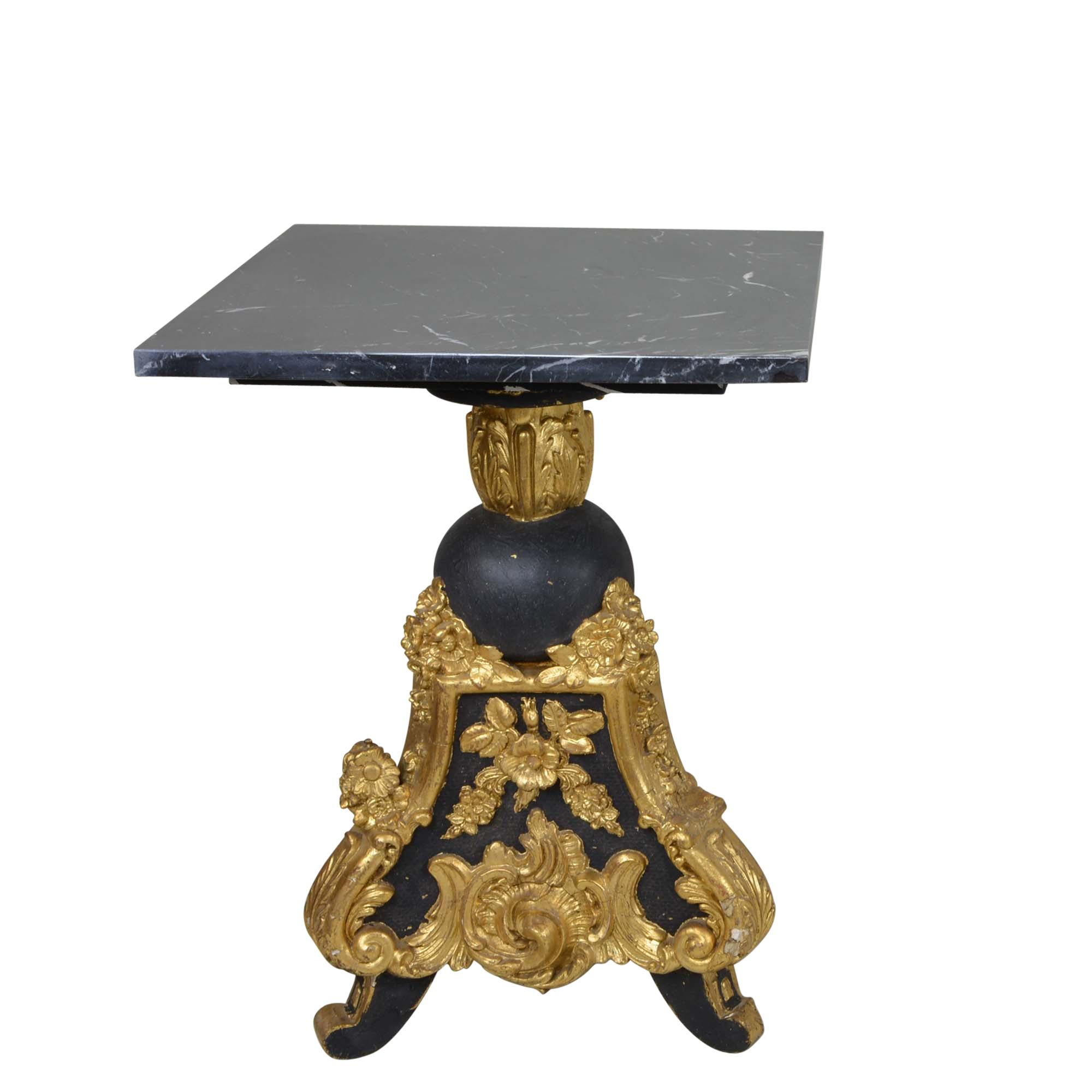 European Pair of Louis XV Style Black Gold Giltwood Side Tables with Marble Top