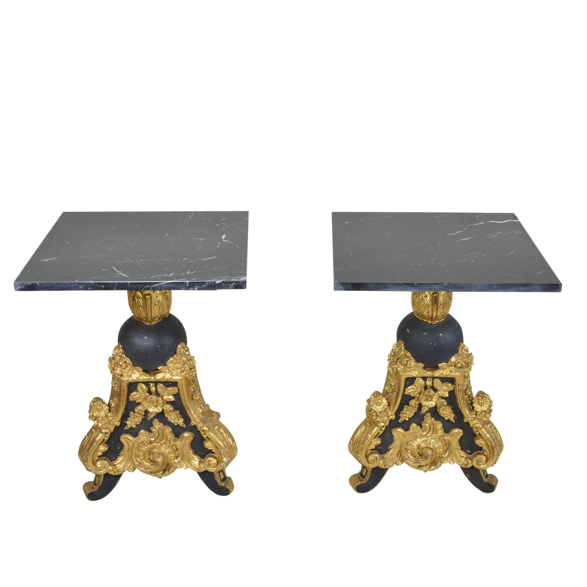 Pair of Louis XV Style Black Gold Giltwood Side Tables with Marble Top