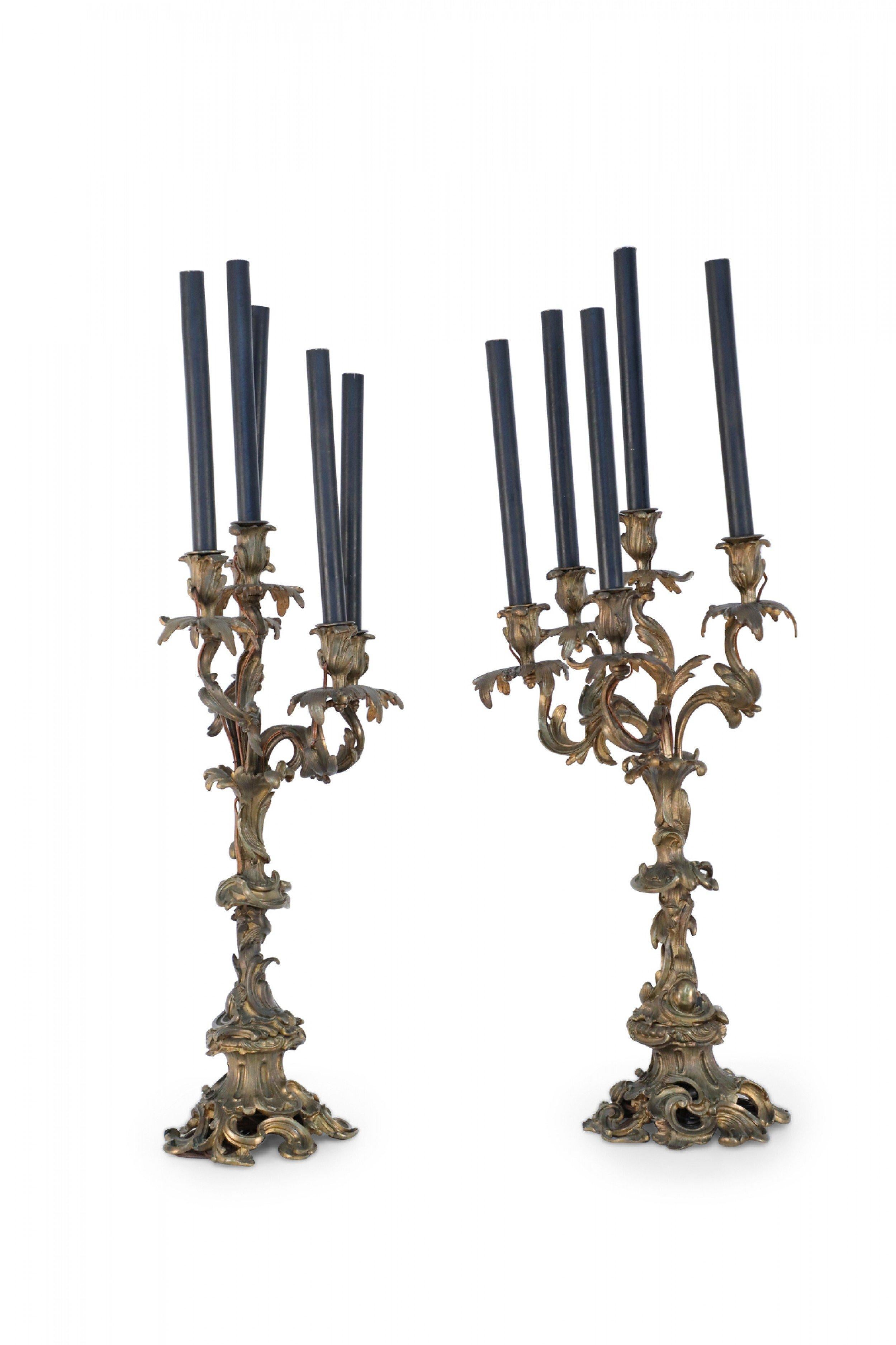 Pair of Louis XV Style Bronze 5-Arm Electrified Black Candle Candelabras For Sale 6