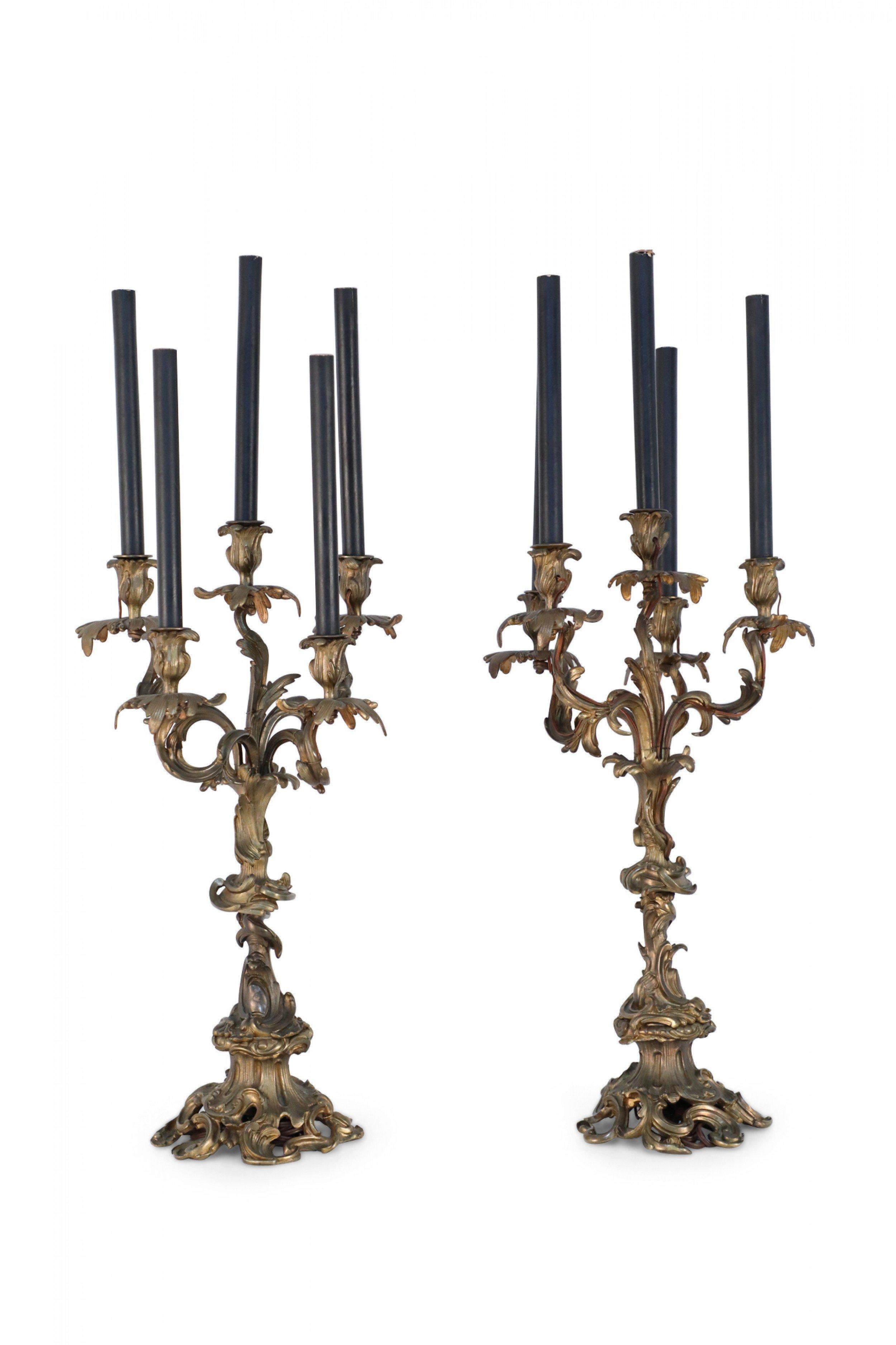 Pair of Louis XV Style Bronze 5-Arm Electrified Black Candle Candelabras For Sale 6