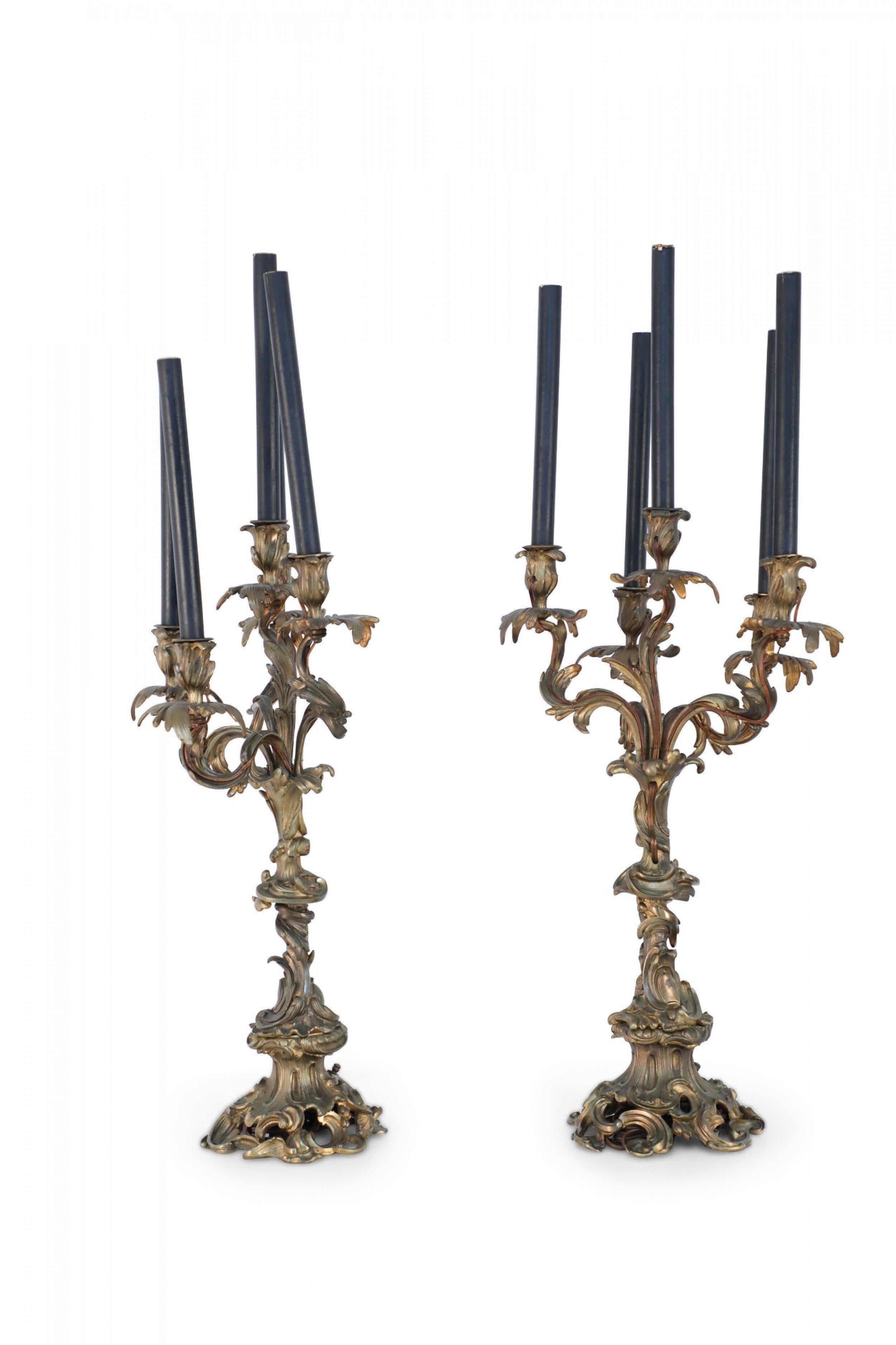 Pair of Louis XV Style Bronze 5-Arm Electrified Black Candle Candelabras In Good Condition For Sale In New York, NY