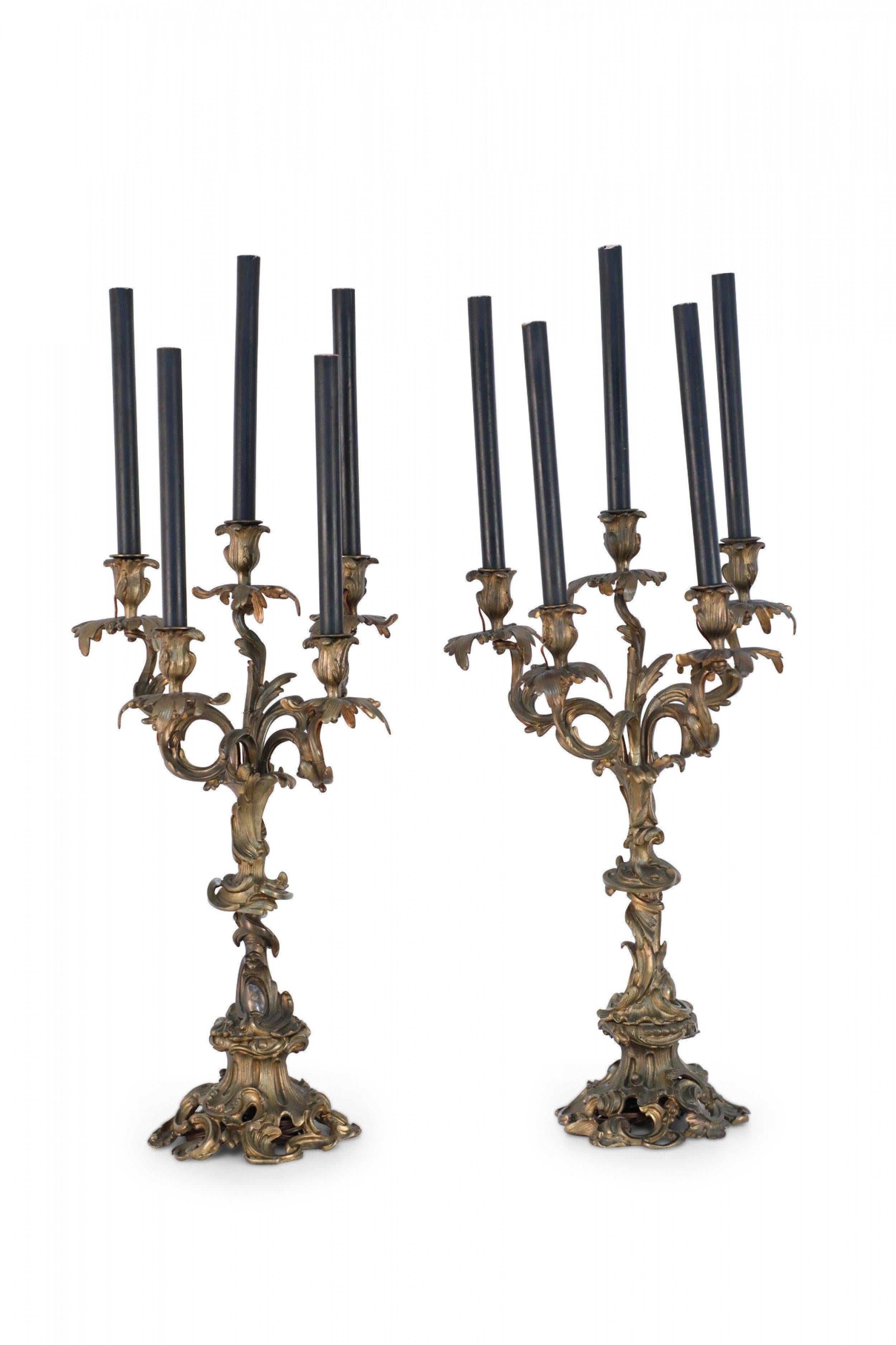Pair of Louis XV Style Bronze 5-Arm Electrified Black Candle Candelabras For Sale 2