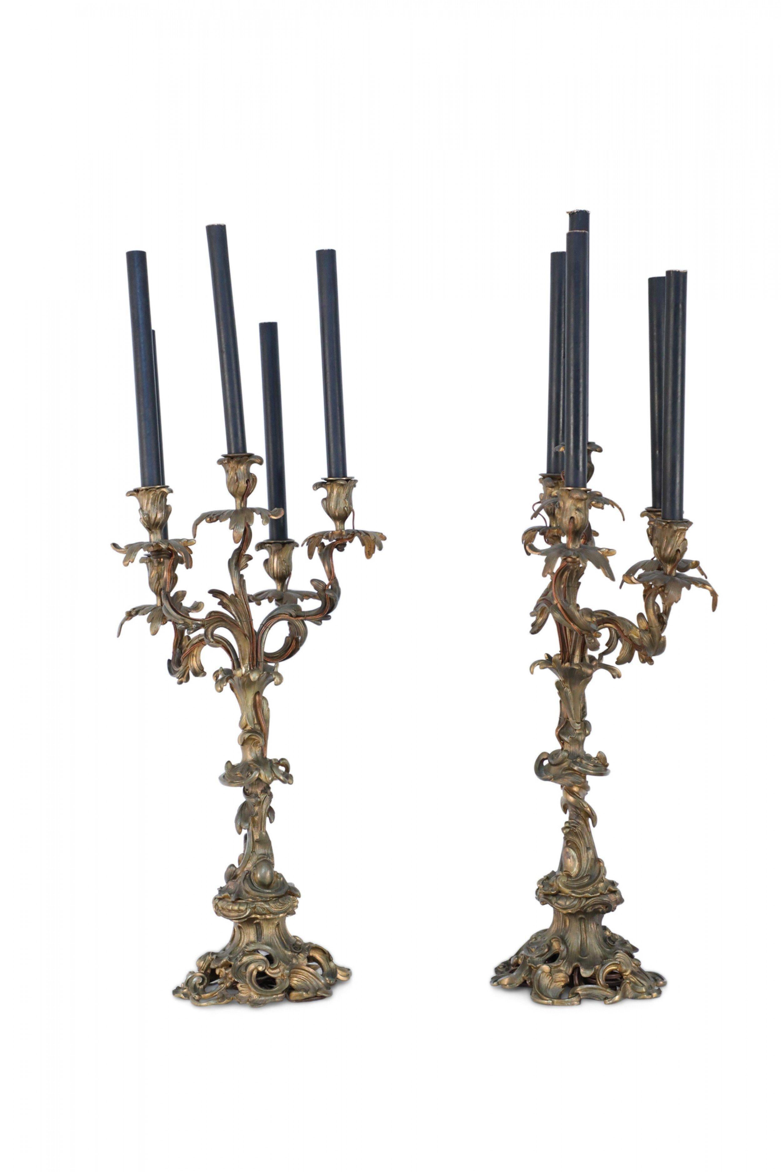 Pair of Louis XV Style Bronze 5-Arm Electrified Black Candle Candelabras For Sale 3