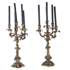 Pareja de candelabros de bronce estilo Luis XV de 5 brazos electrificados con velas negras