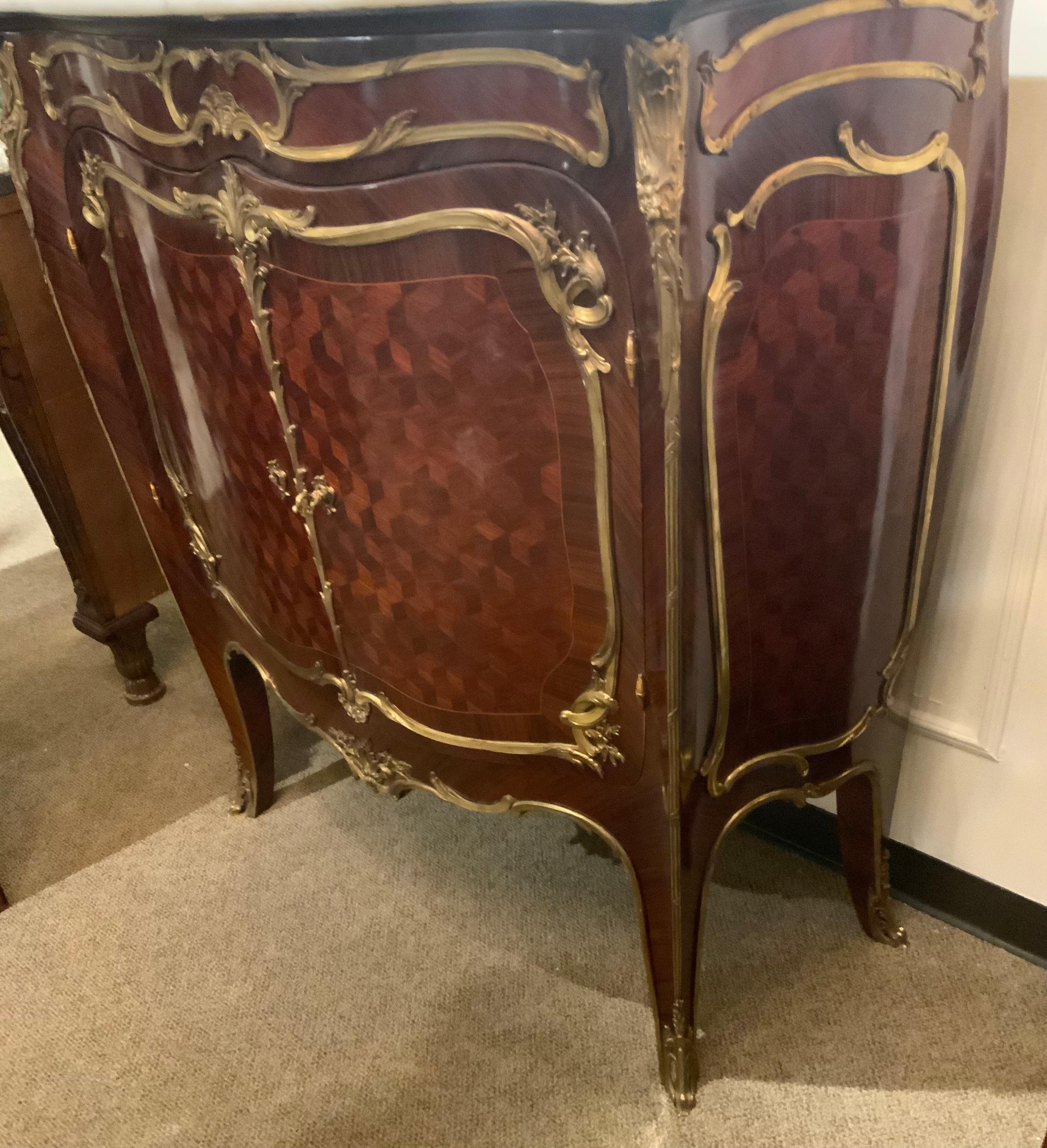 Marquetry Pair of Louis XV-Style bronze dore mounted cabinets For Sale
