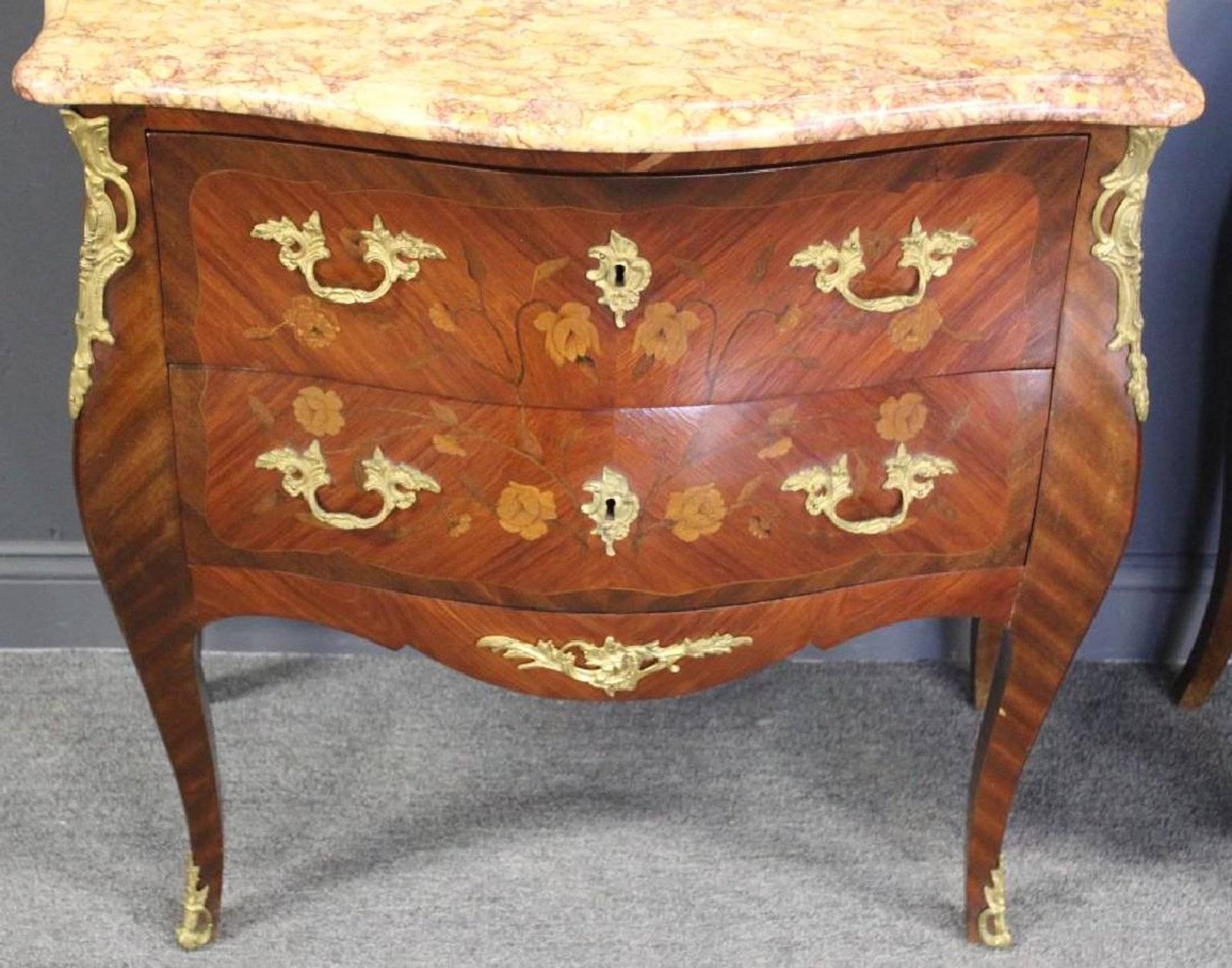French Pair of Louis XV Style Bronze-Mounted Marble-Top Inlaid Bedside Commodes