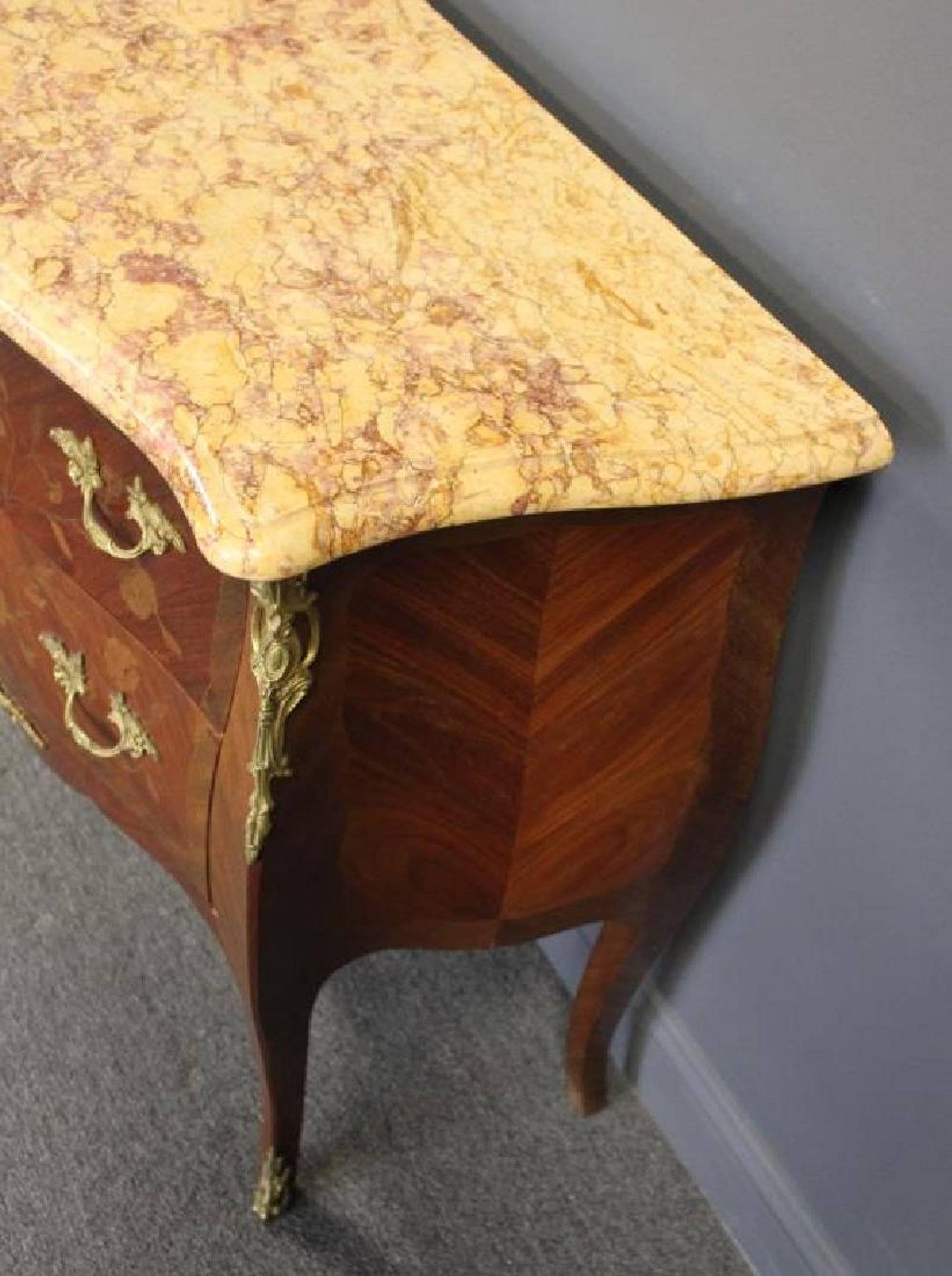 19th Century Pair of Louis XV Style Bronze-Mounted Marble-Top Inlaid Bedside Commodes