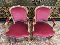 Pair of Louis XV style cabriole armchairs red velvet