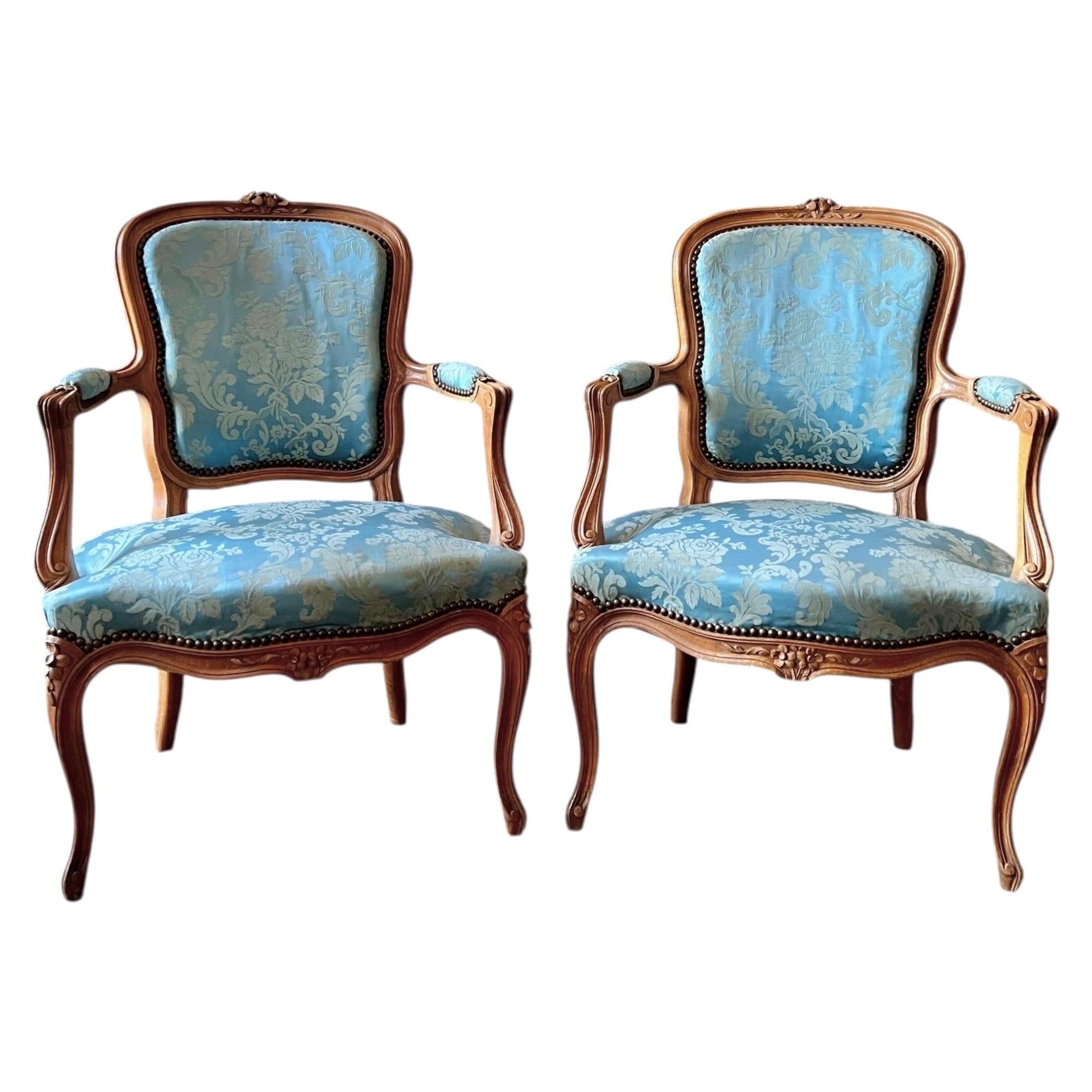 Pareja de sillones cabriolé estilo Luis XV - madera tallada moldeada - azul - Francia en venta