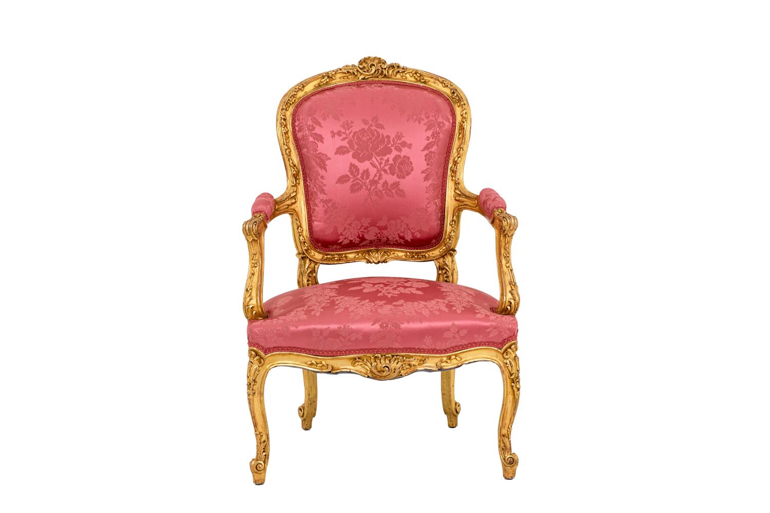 European Pair of Louis XV Style Cabriolet Armchairs in Giltwood, circa 1880 For Sale