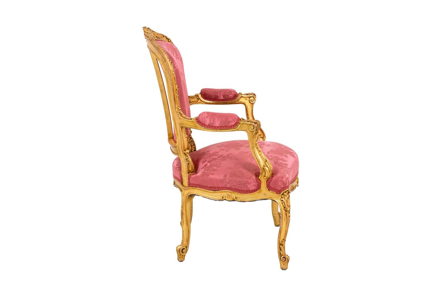 Pair of Louis XV Style Cabriolet Armchairs in Giltwood, circa 1880 In Fair Condition For Sale In Saint-Ouen, FR