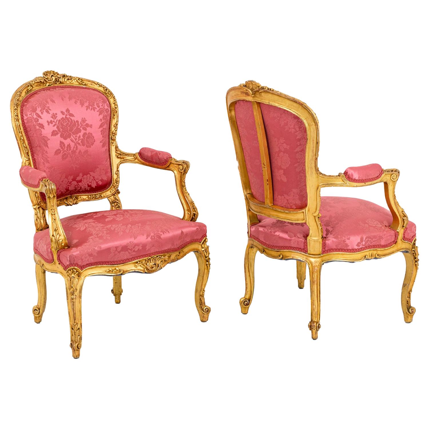 Pair of Louis XV Style Cabriolet Armchairs in Giltwood, circa 1880