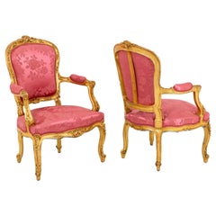 Antique Pair of Louis XV Style Cabriolet Armchairs in Giltwood, circa 1880