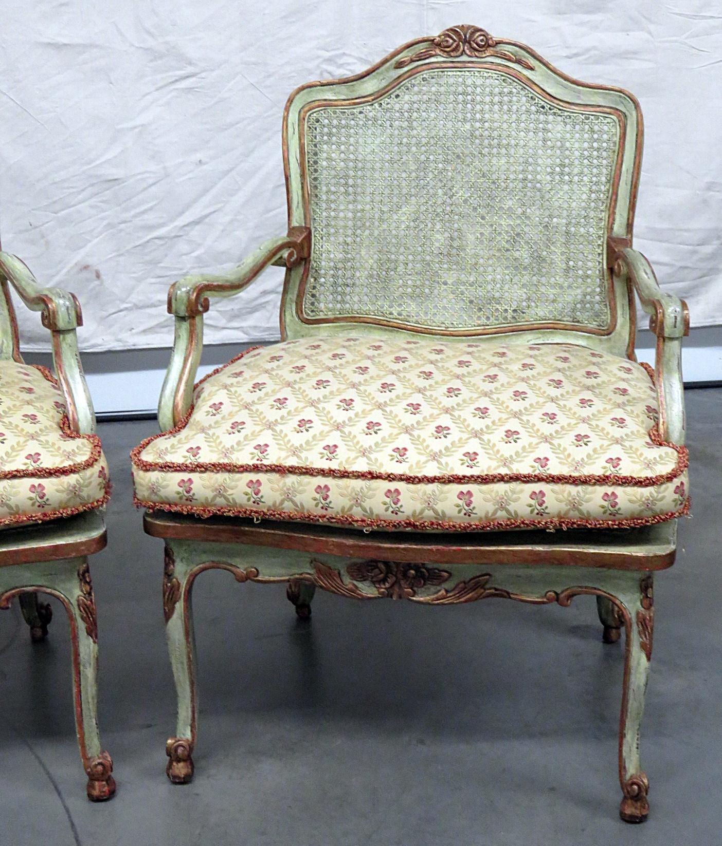 Painted Pair of Louis XV Style Caned Armchairs