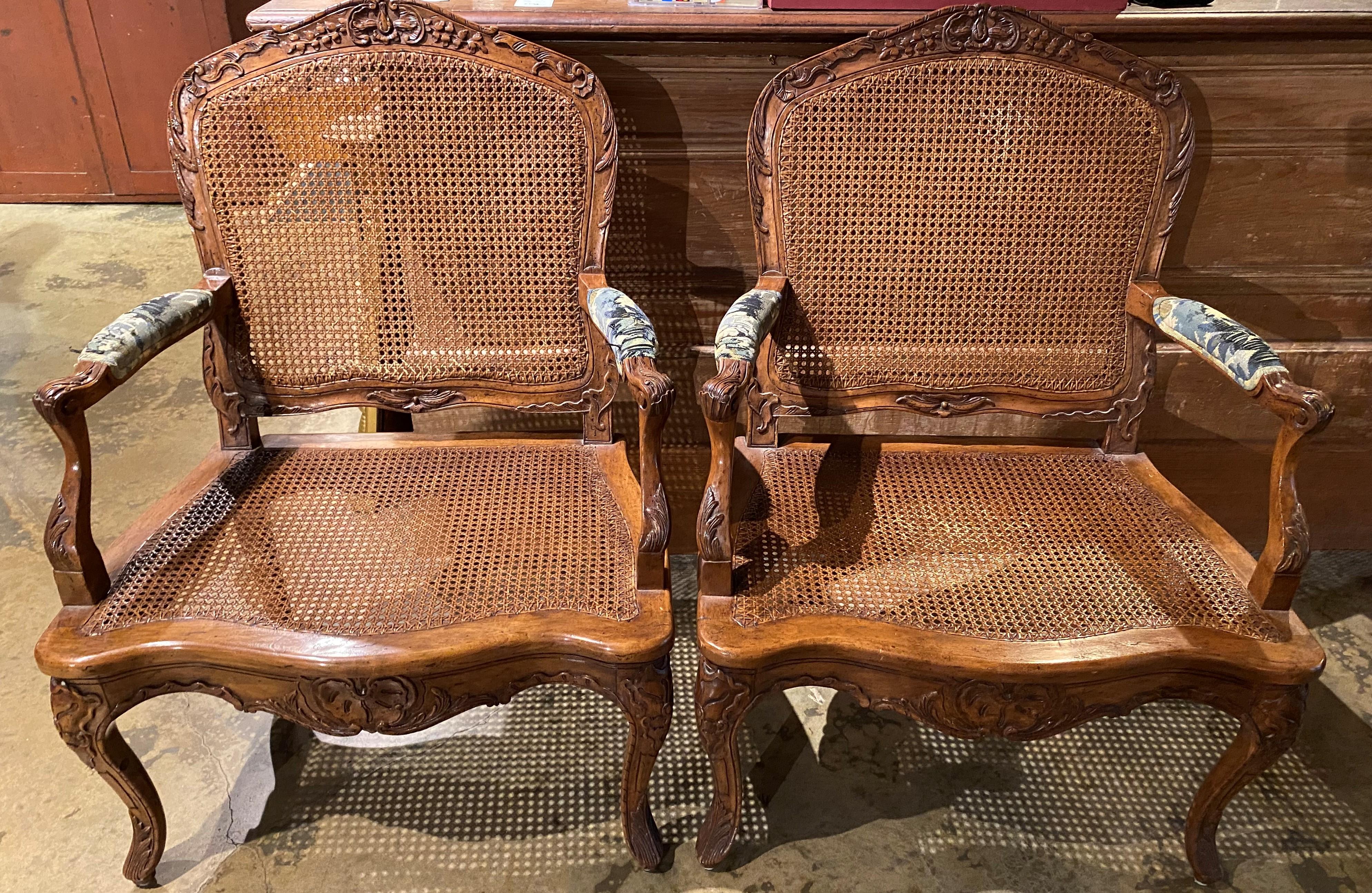 Pair of Louis XV Style Caned Fruitwood Fruitwood Fauteuils with Upholstery For Sale 6