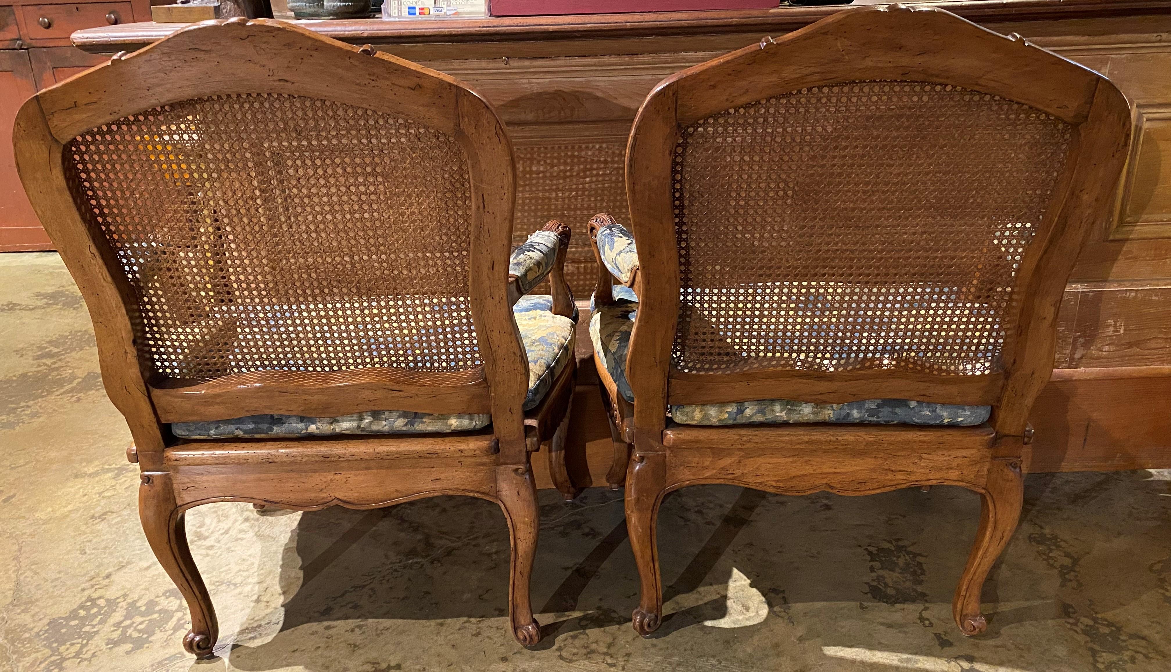 Pair of Louis XV Style Caned Fruitwood Fruitwood Fauteuils with Upholstery In Good Condition For Sale In Milford, NH