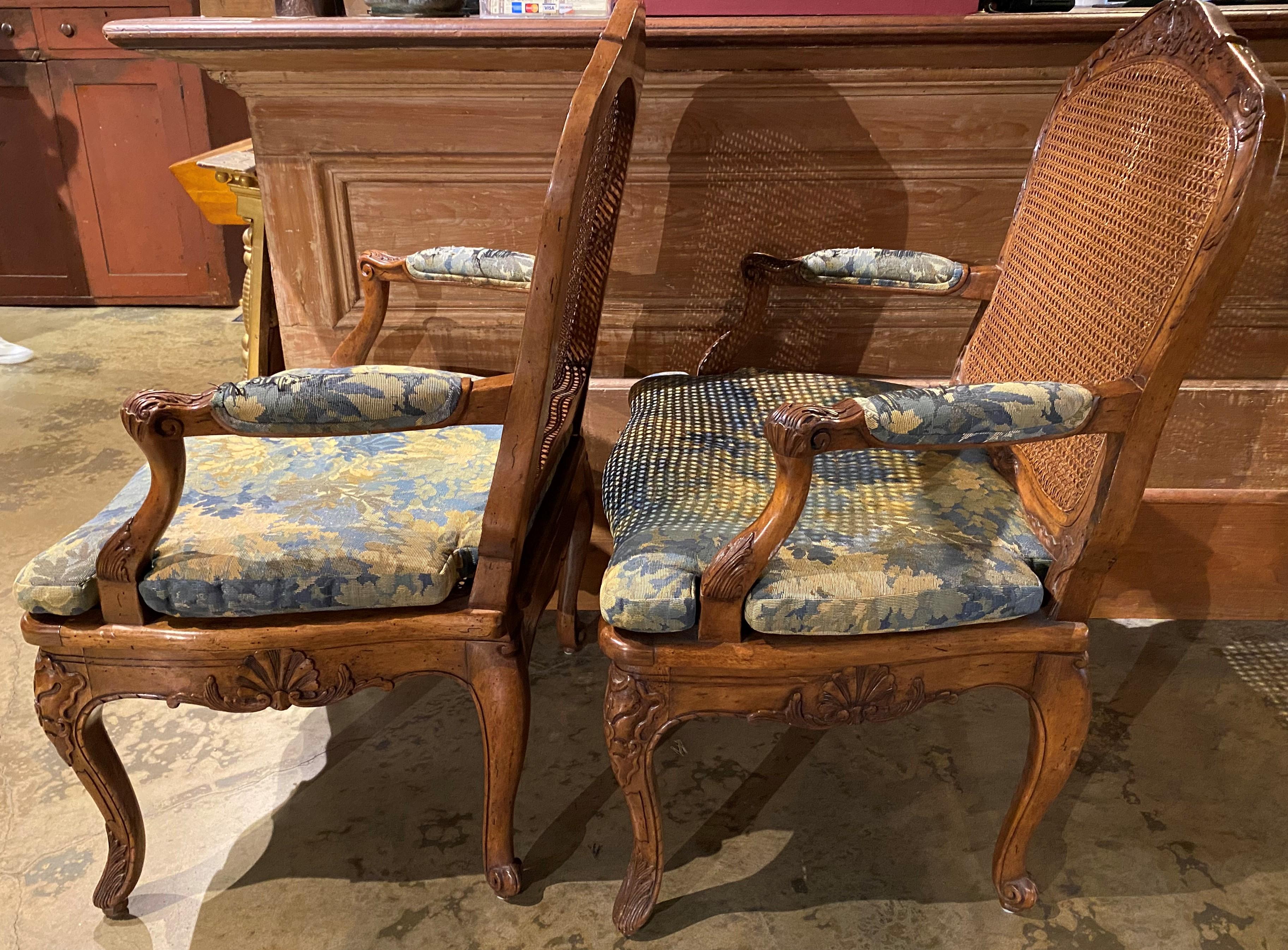 19th Century Pair of Louis XV Style Caned Fruitwood Fruitwood Fauteuils with Upholstery For Sale