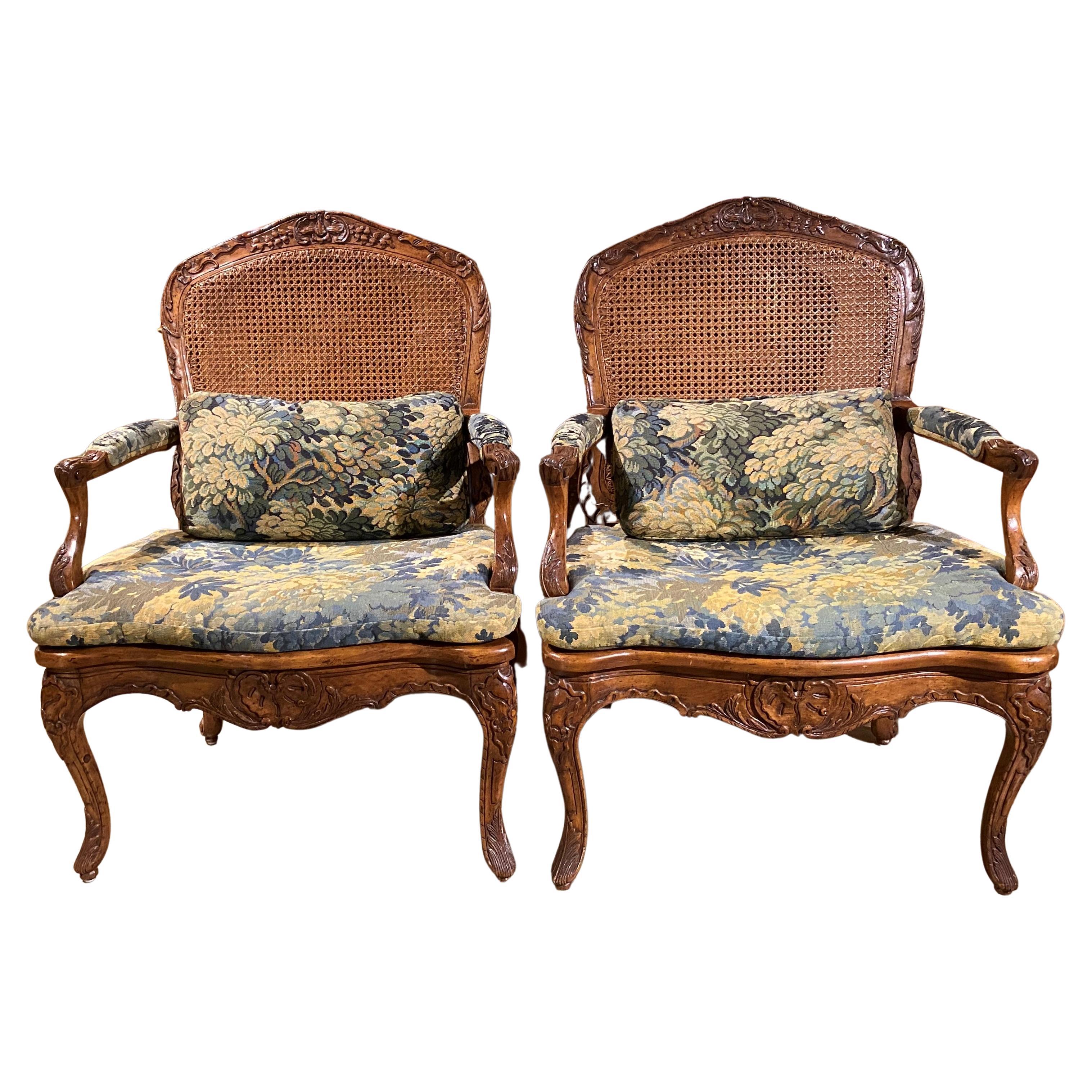 Pair of Louis XV Style Caned Fruitwood Fruitwood Fauteuils with Upholstery For Sale