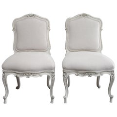 Pair of Louis XV Style Carved and Painted Side Chairs in Natural Linen