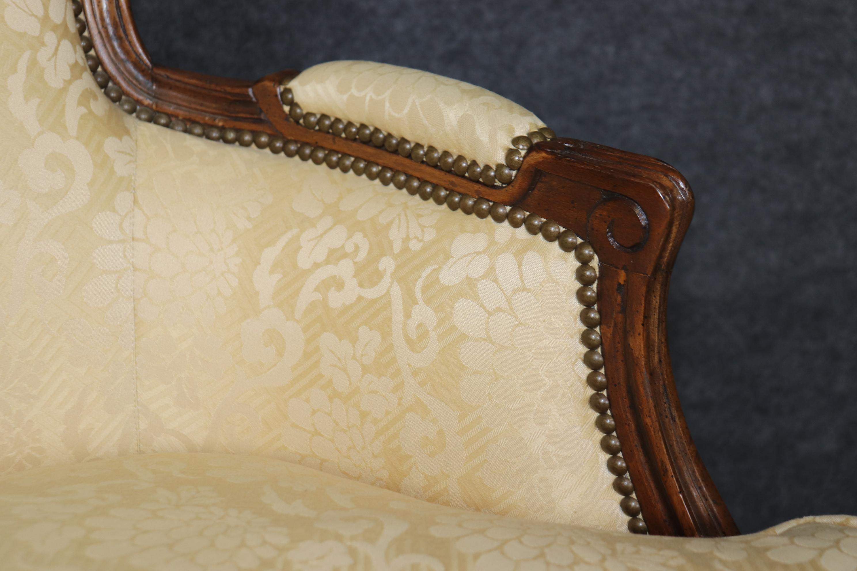 Pair of Louis XV Style Carved Bergeres with Baker Upholstery and Nailhead Trim For Sale 5