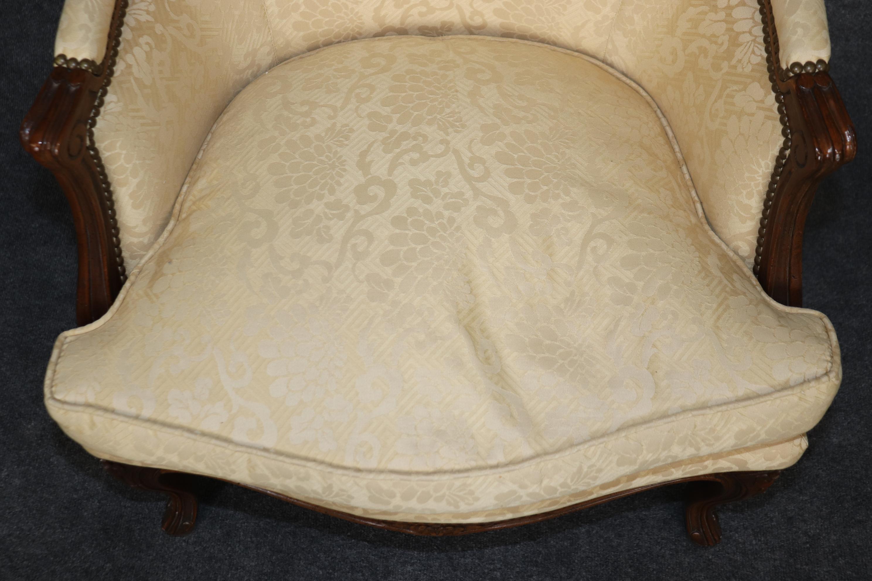 Pair of Louis XV Style Carved Bergeres with Baker Upholstery and Nailhead Trim For Sale 2