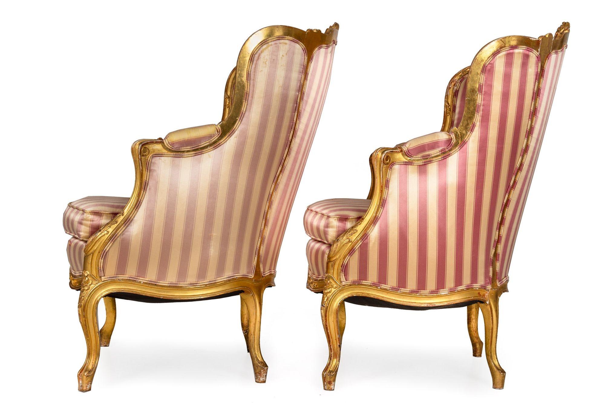 Pair of Louis XV Style Carved Giltwood Arm Chairs circa 1860 In Good Condition In Shippensburg, PA