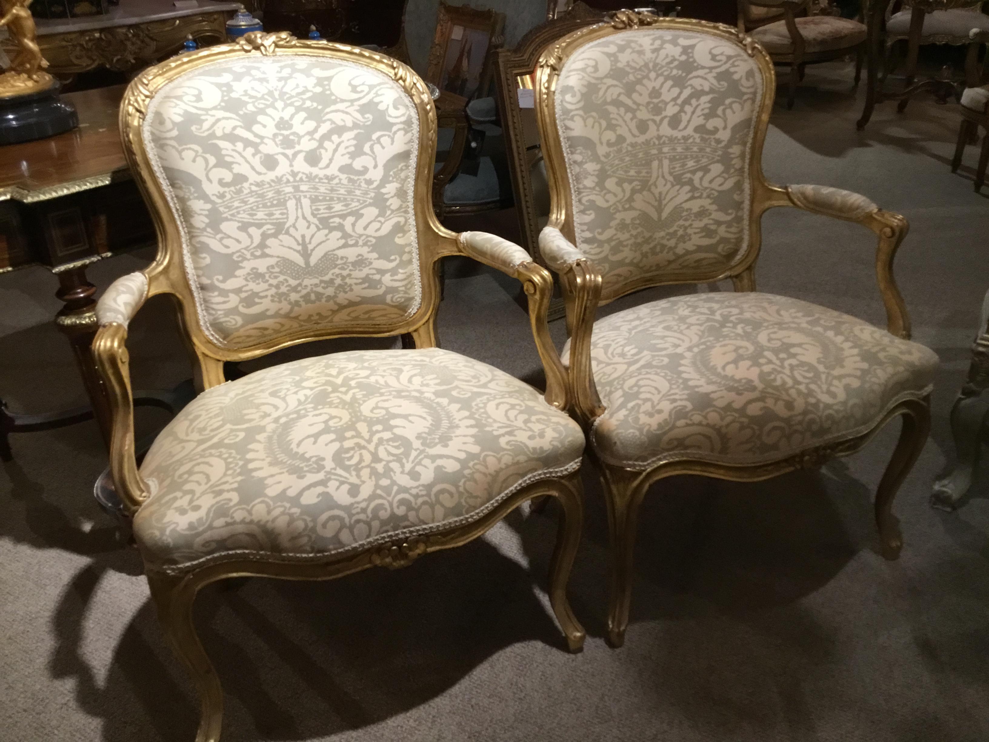 French Pair of Louis XV Style Carved Giltwood Upholstered Chairs in Fortuny Fabric