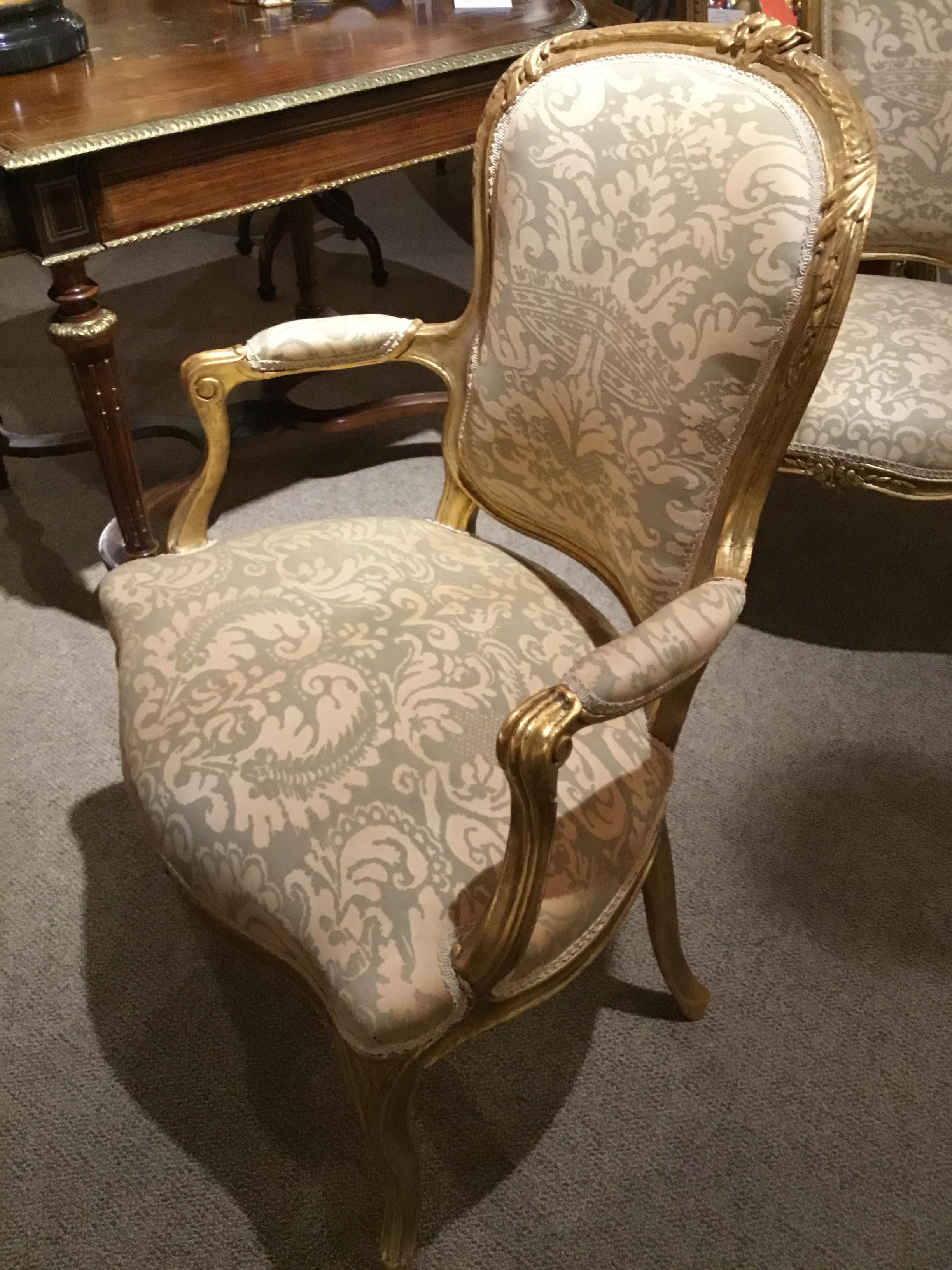 Pair of Louis XV Style Carved Giltwood Upholstered Chairs in Fortuny Fabric In Good Condition In Houston, TX