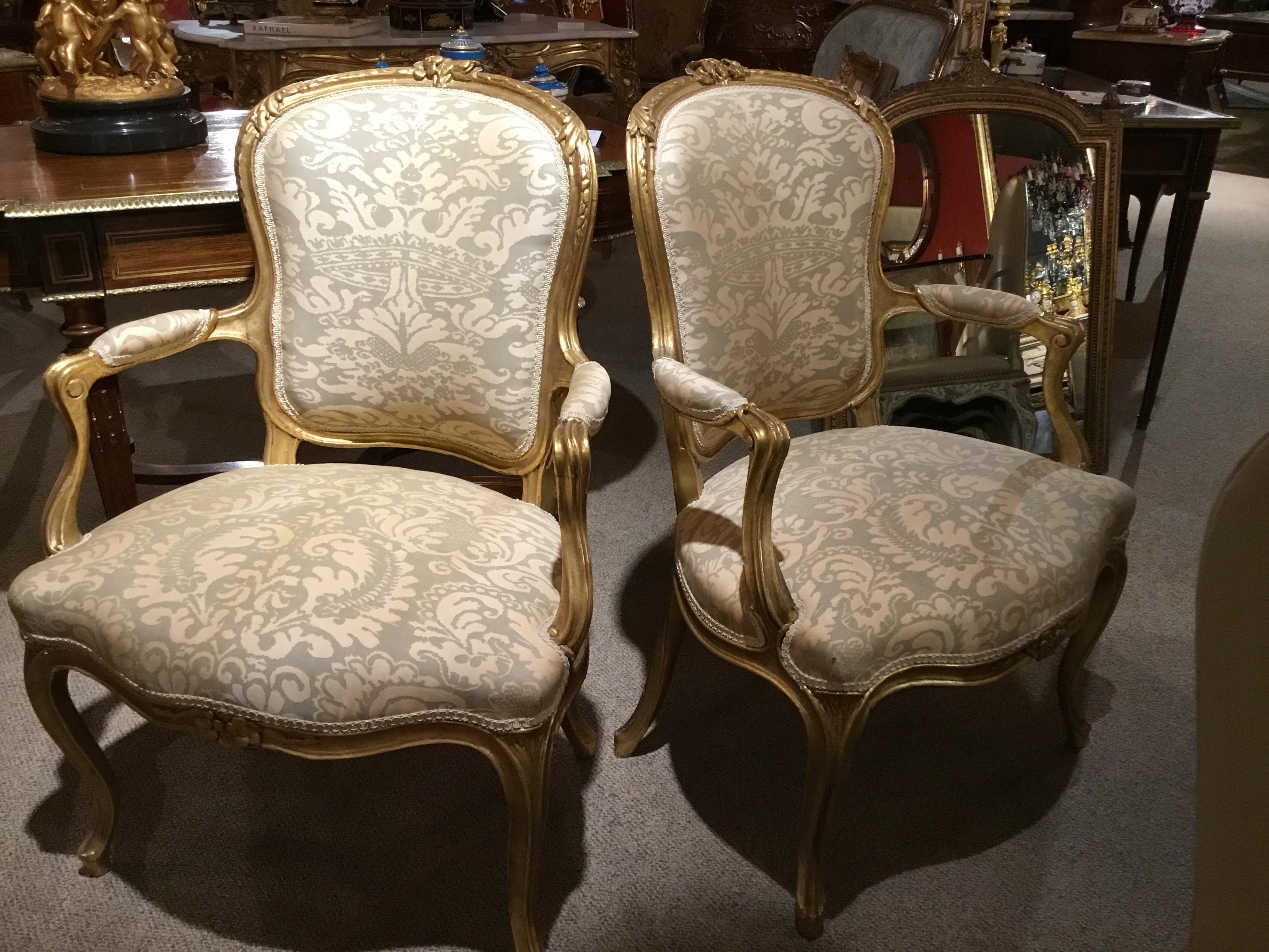 Pair of Louis XV Style Carved Giltwood Upholstered Chairs in Fortuny Fabric 1