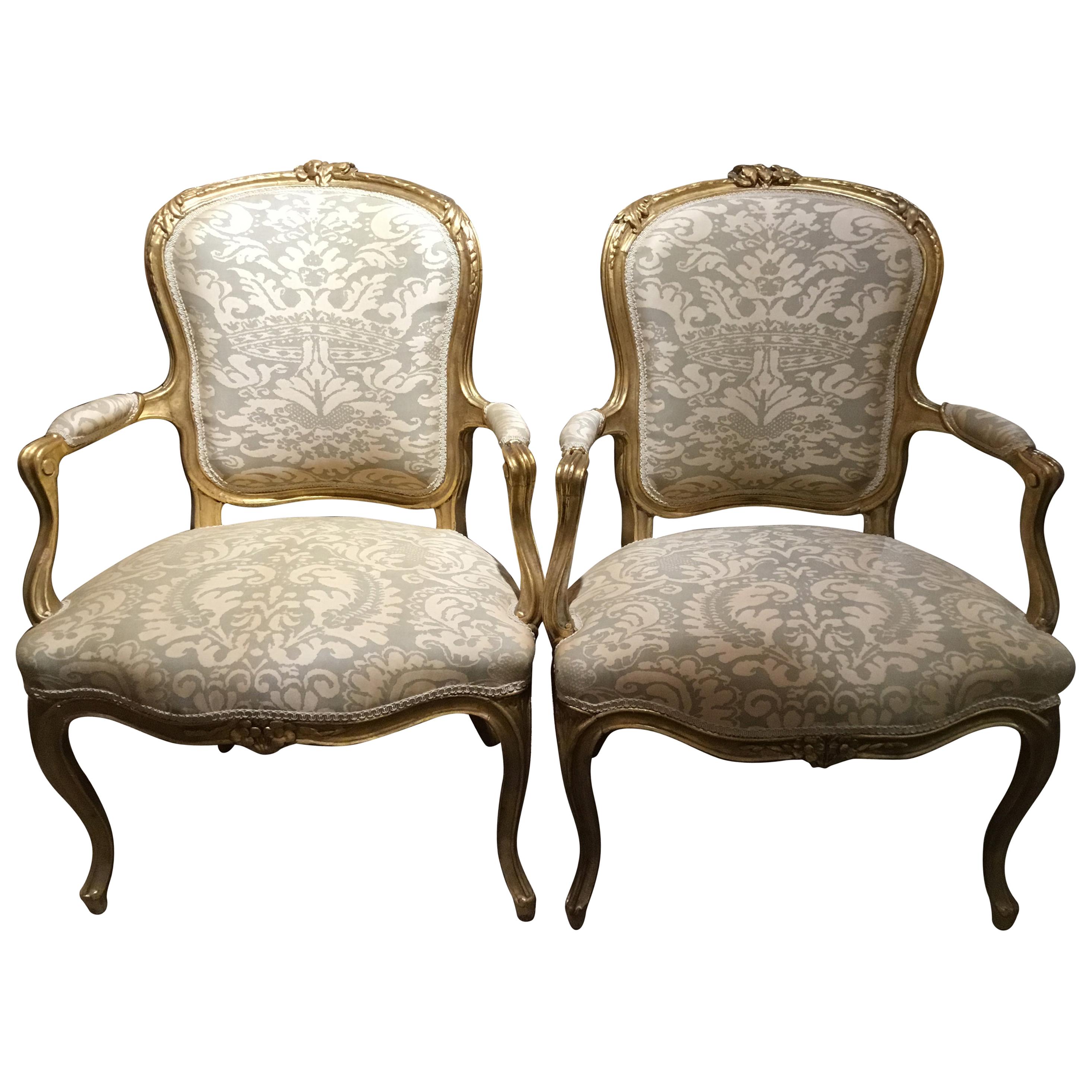 Pair of Louis XV Style Carved Giltwood Upholstered Chairs in Fortuny Fabric
