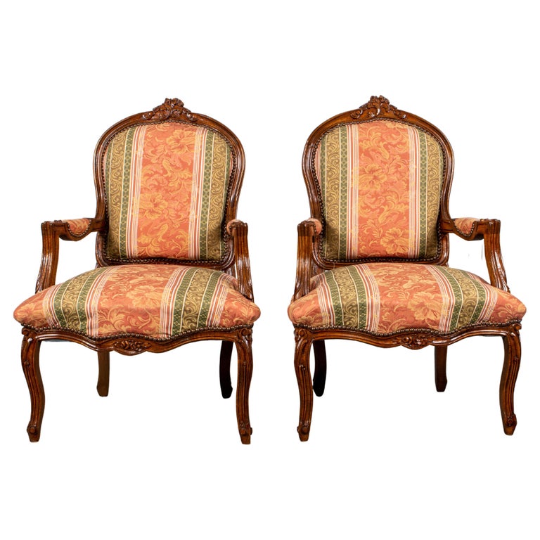 Pair of Louis XV Style Carved and Upholstered Armchairs For Sale at 1stDibs