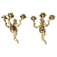 Pair Of Louis XV Style Cast Brass Wall Candelabra Sconces