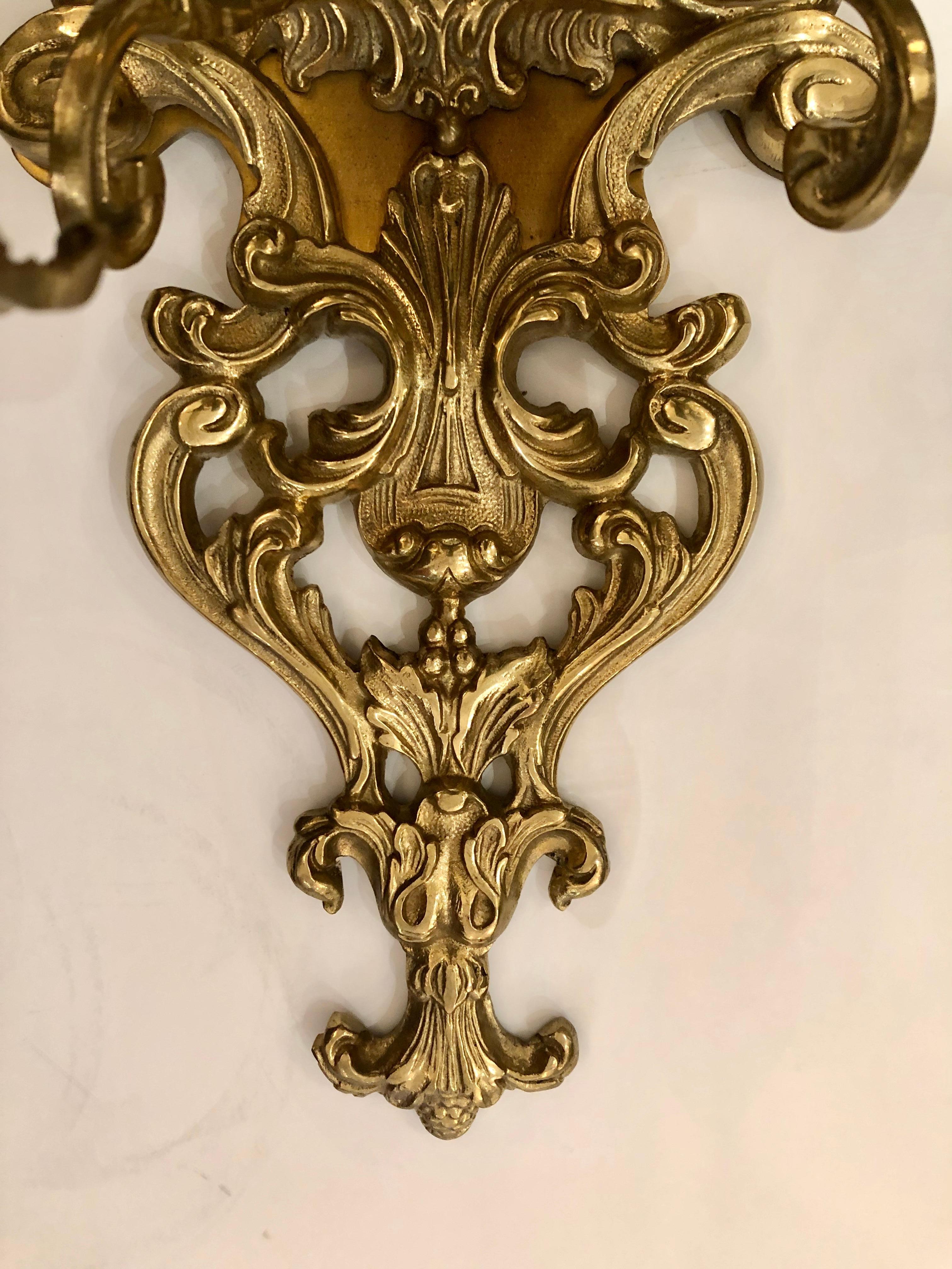 Pair of Louis XV Style Cast Bronze 2 Branch Wall Sconces For Sale 4