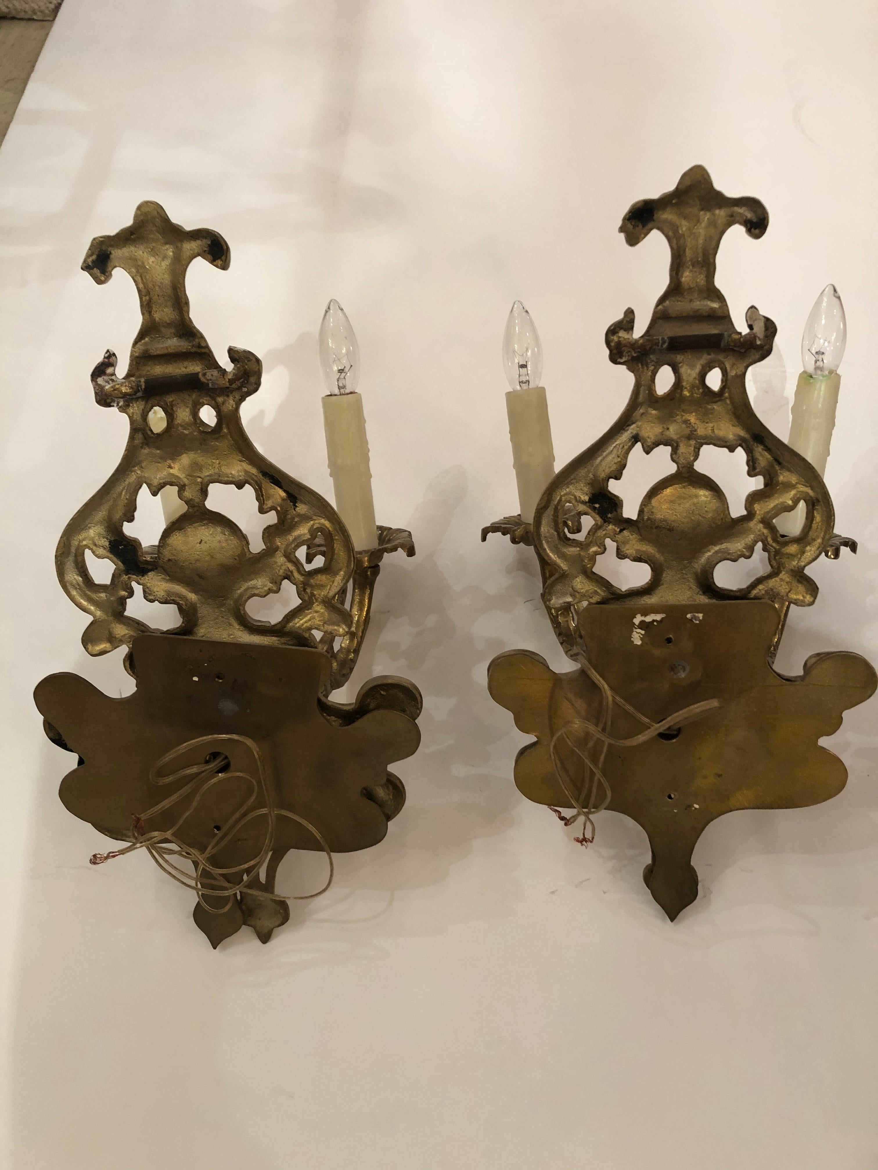 Pair of Louis XV Style Cast Bronze 2 Branch Wall Sconces For Sale 5