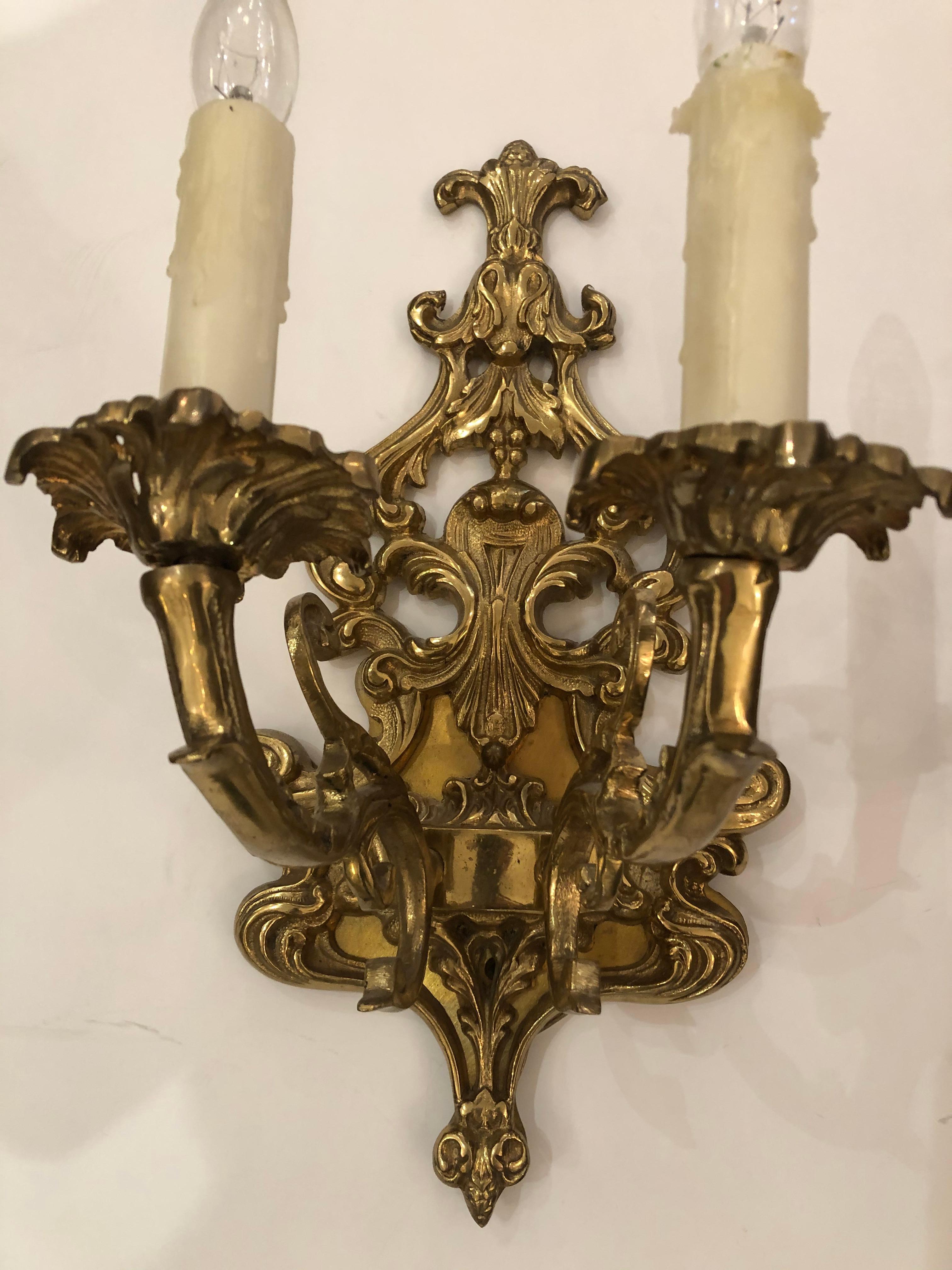 French Pair of Louis XV Style Cast Bronze 2 Branch Wall Sconces For Sale