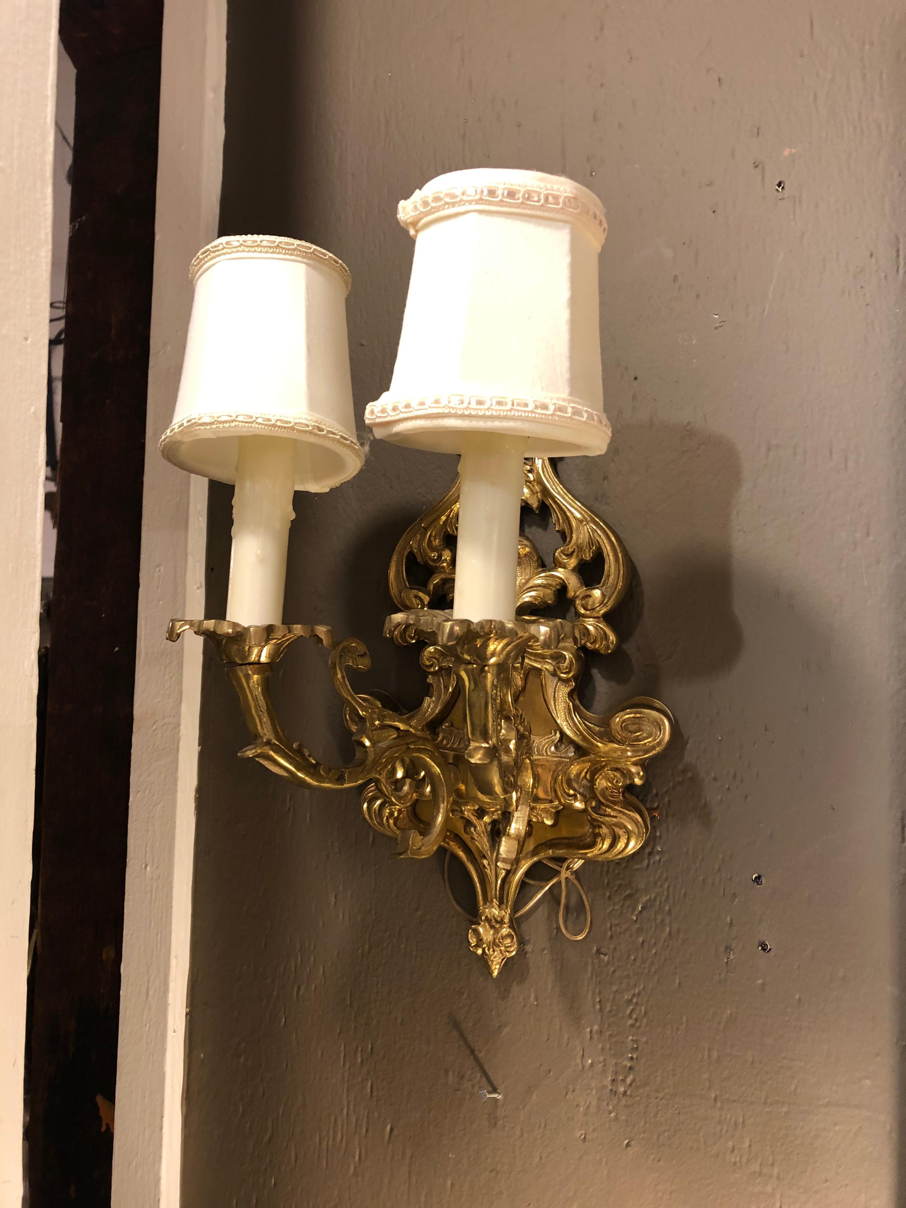 Pair of Louis XV Style Cast Bronze 2 Branch Wall Sconces In Good Condition For Sale In Hopewell, NJ