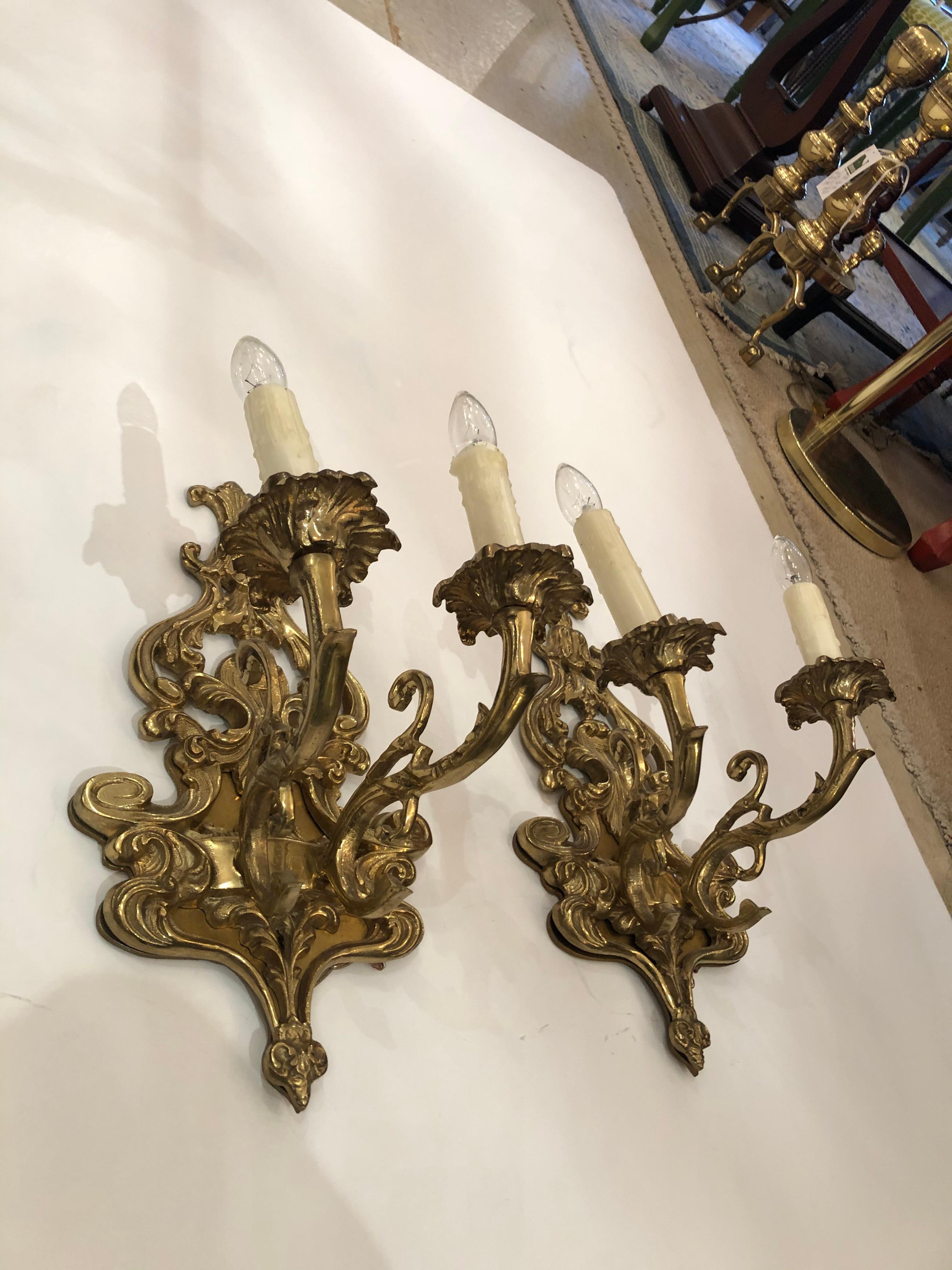 Mid-20th Century Pair of Louis XV Style Cast Bronze 2 Branch Wall Sconces For Sale