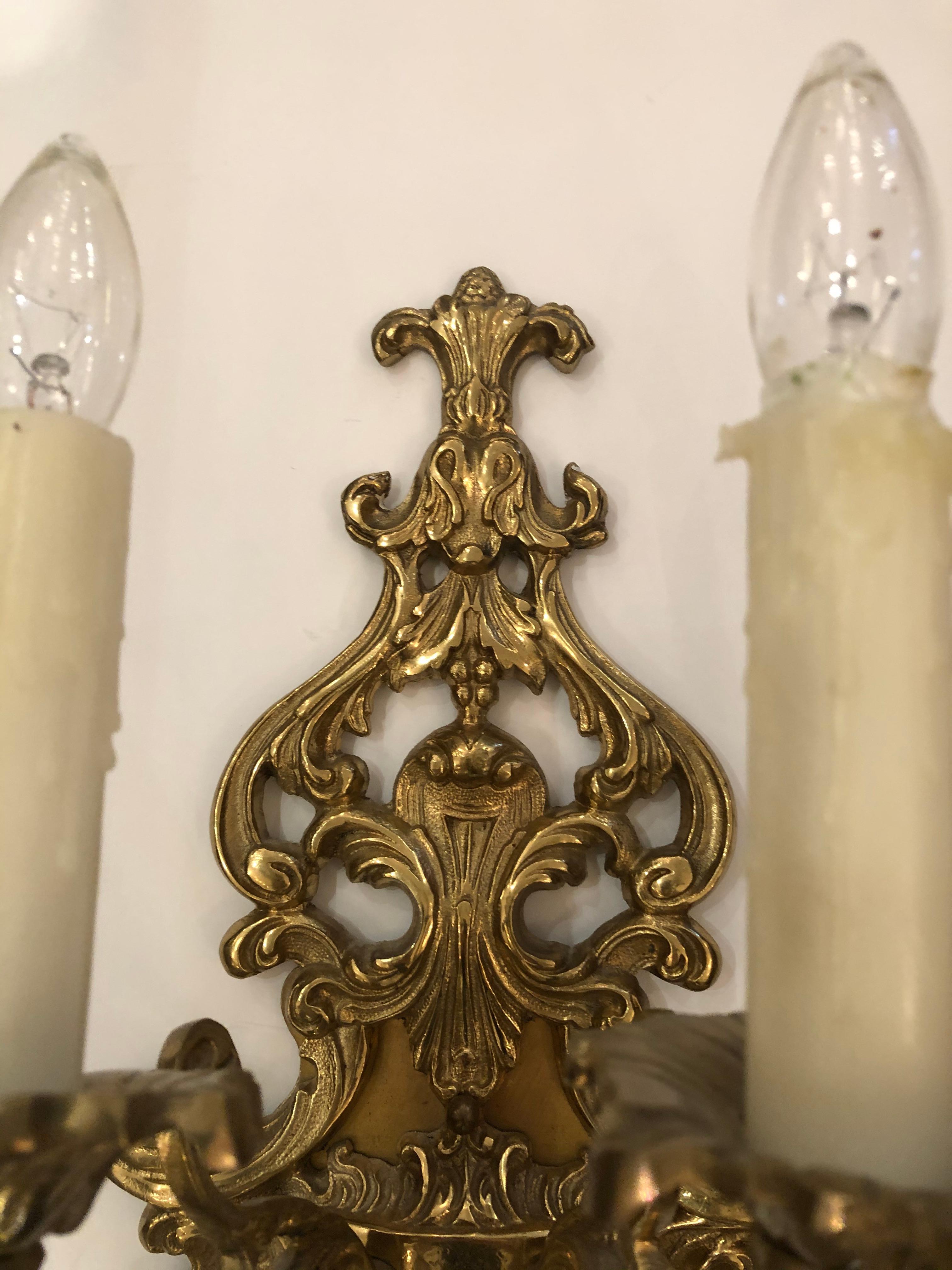 Pair of Louis XV Style Cast Bronze 2 Branch Wall Sconces For Sale 1