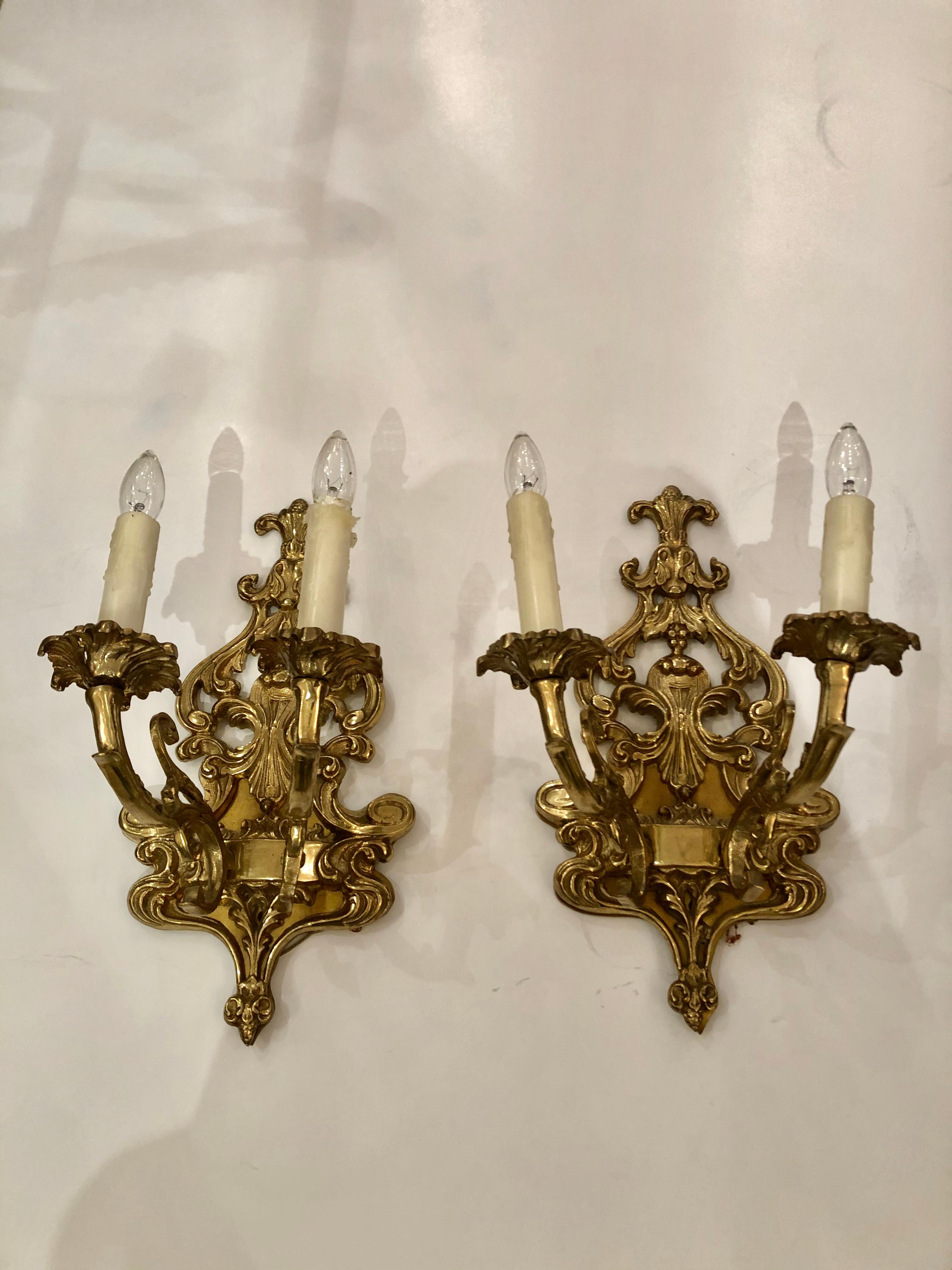 Pair of Louis XV Style Cast Bronze 2 Branch Wall Sconces For Sale 2