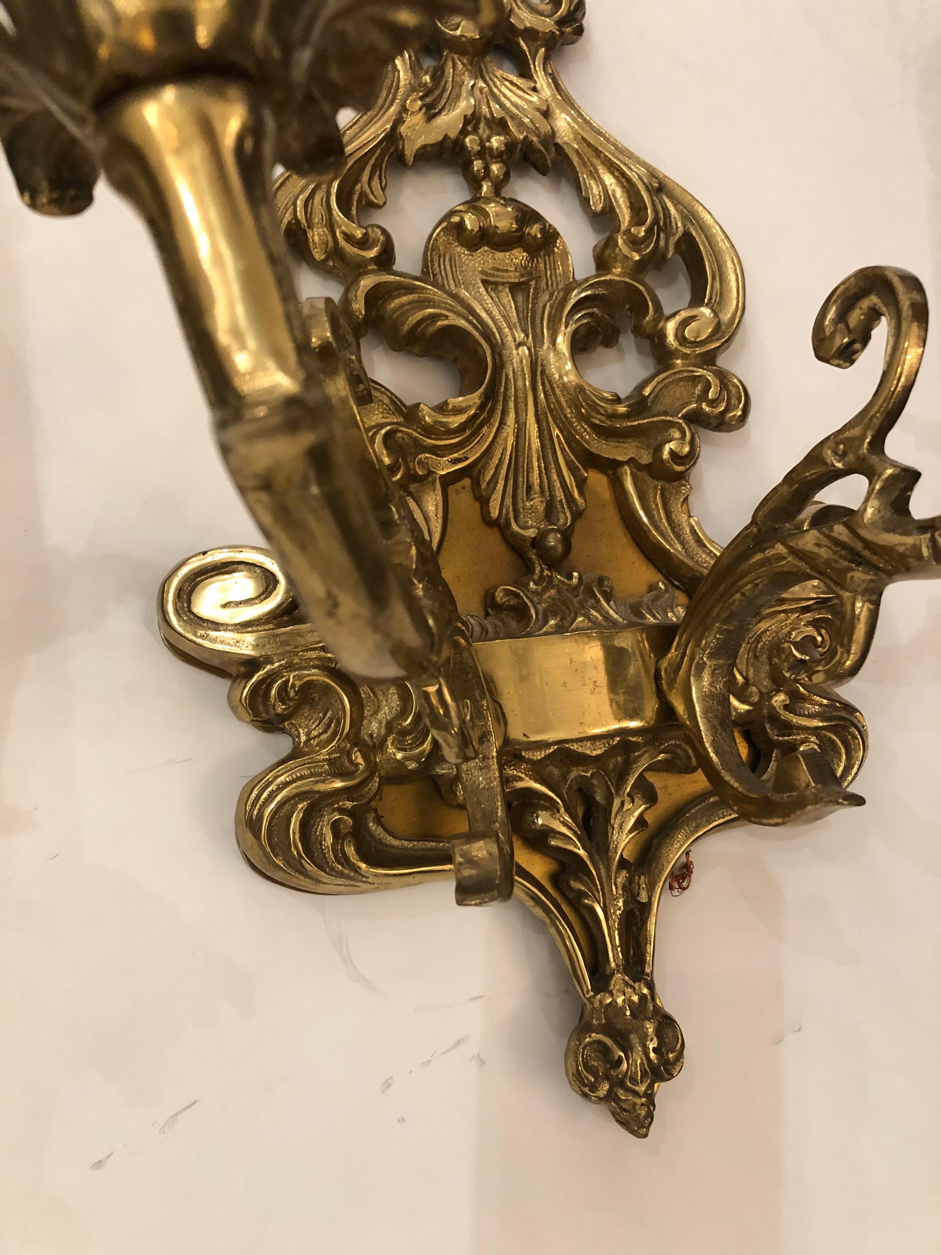 Pair of Louis XV Style Cast Bronze 2 Branch Wall Sconces For Sale 3