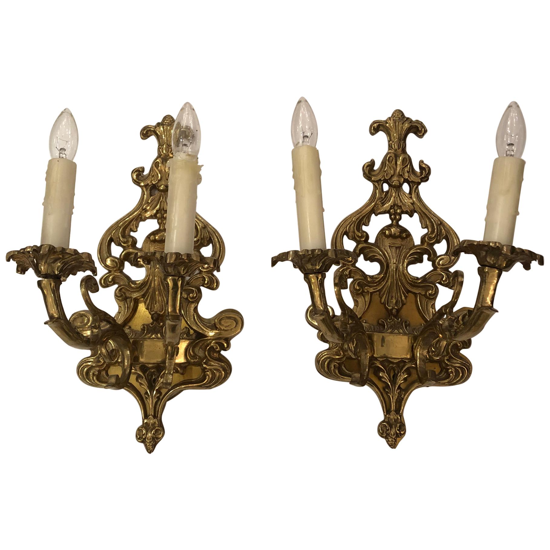 Pair of Louis XV Style Cast Bronze 2 Branch Wall Sconces