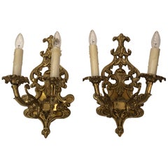 Retro Pair of Louis XV Style Cast Bronze 2 Branch Wall Sconces