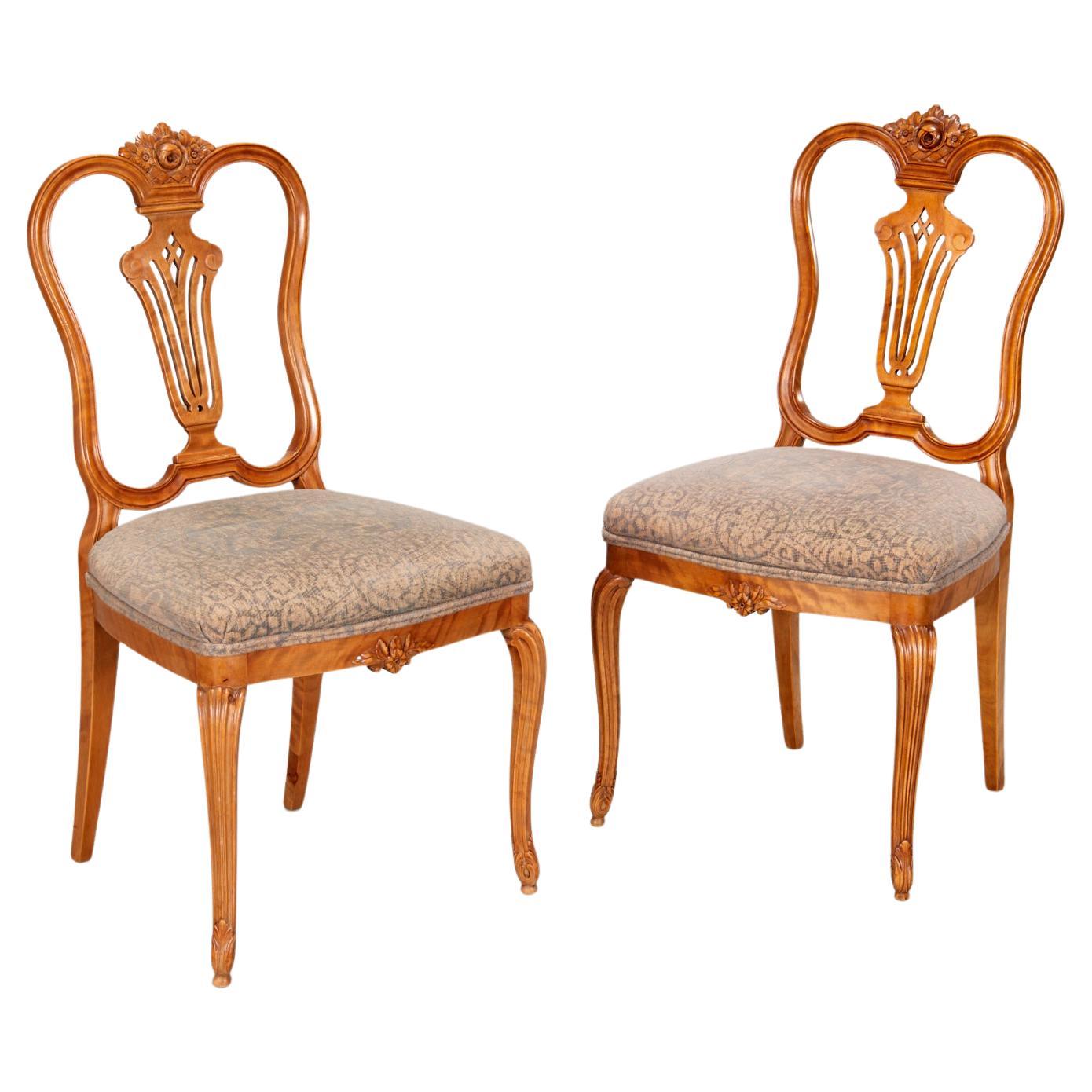 Pair of Louis XV Style Chairs with Figured Wood and Fortuny Seat Upholstery